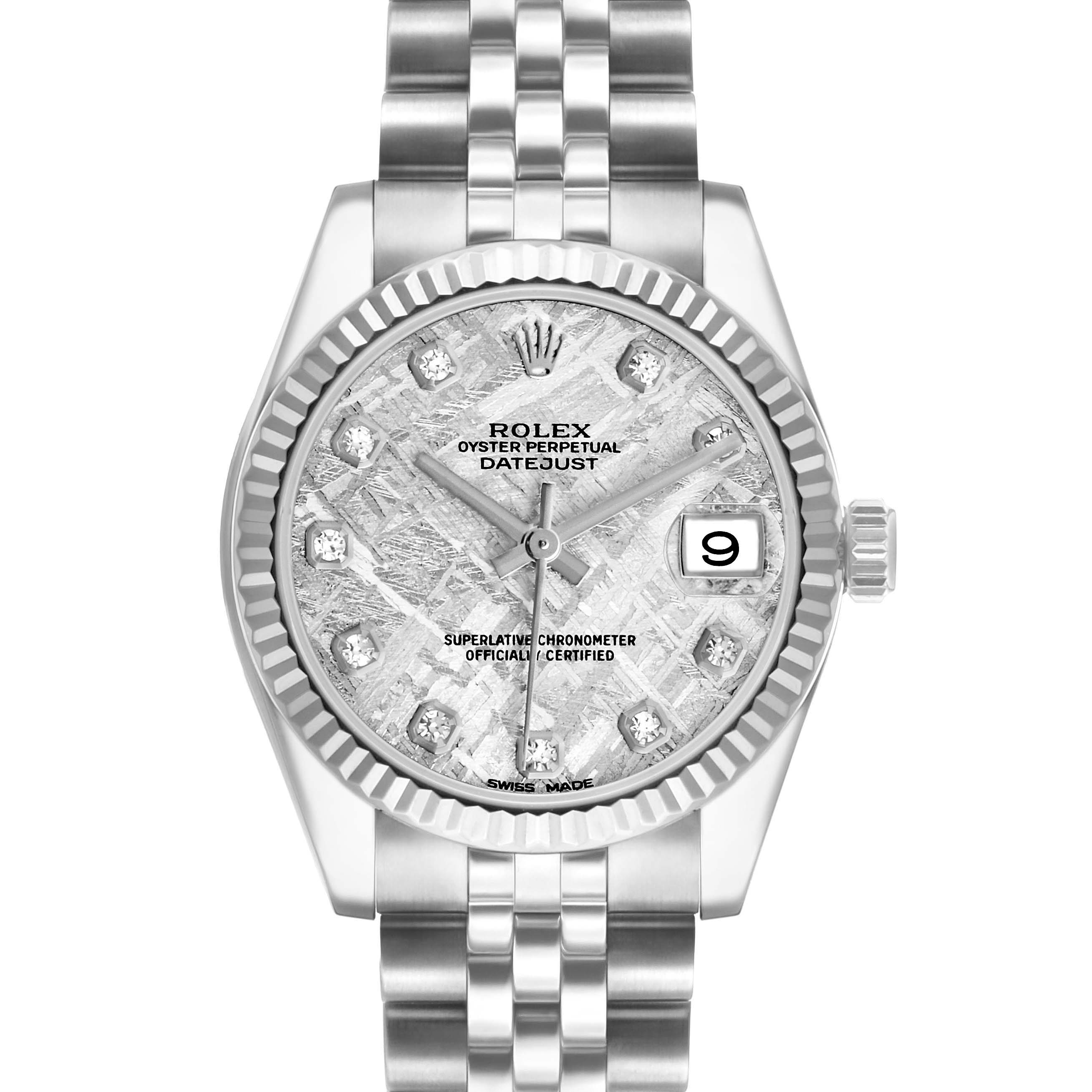 The Rolex Mid-Size 178274 Women's Stainless Steel Silver Dial watch is shown from a front angle, displaying the face, bezel, crown, and part of the bracelet.