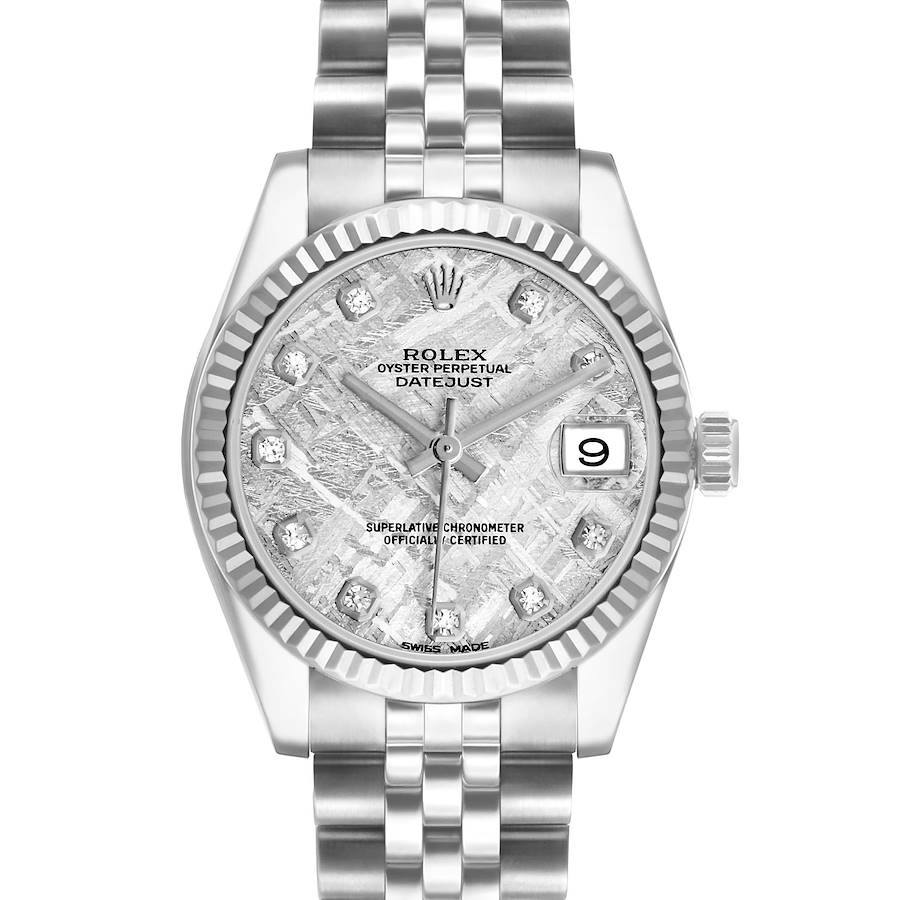 The Rolex Mid-Size 178274 Women's Stainless Steel Silver Dial watch is shown from a front angle, displaying the face, bezel, crown, and part of the bracelet.
