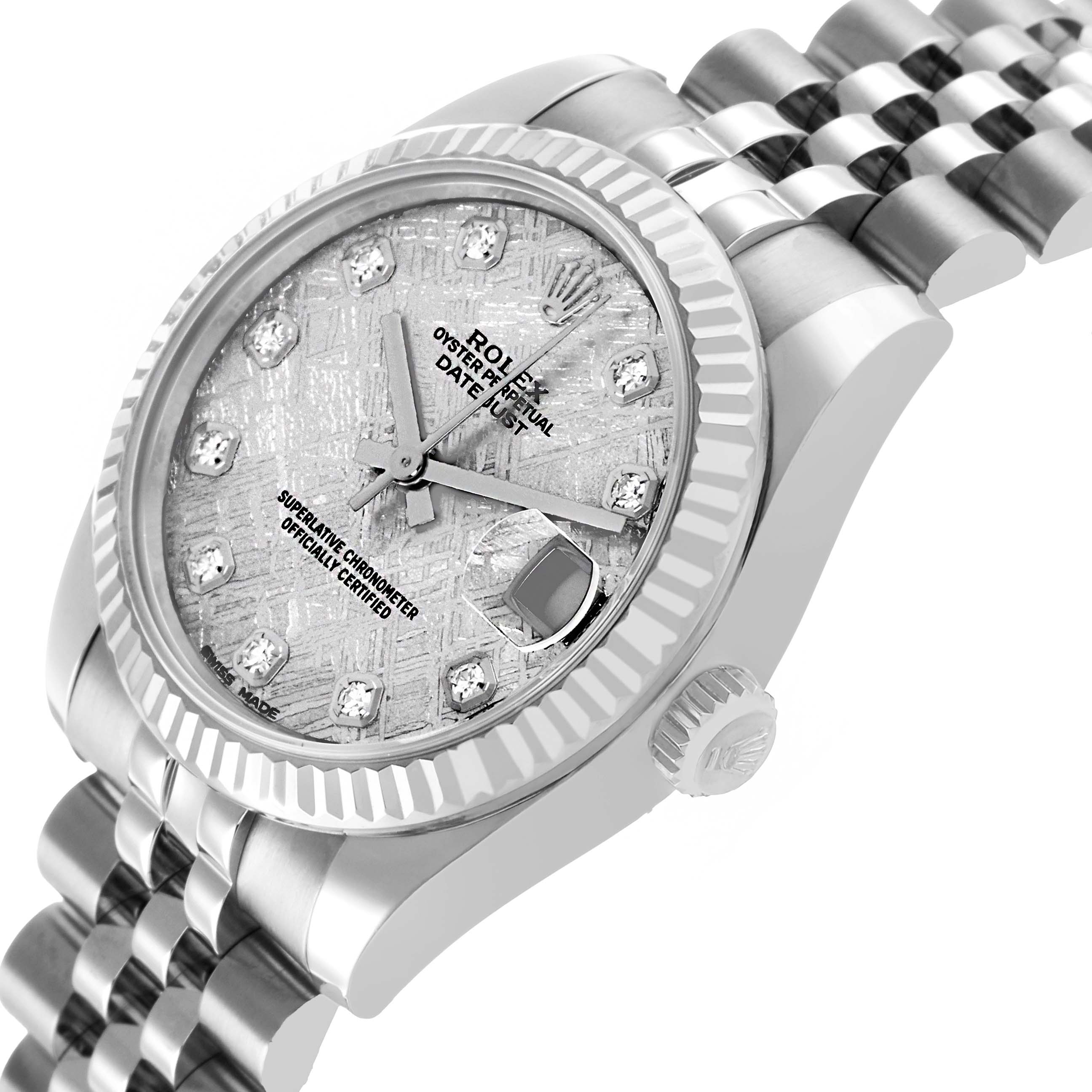 The Rolex Mid-Size 178274 Women's Stainless Steel Silver Dial watch is shown at an angle highlighting the dial, bezel, and part of the bracelet.