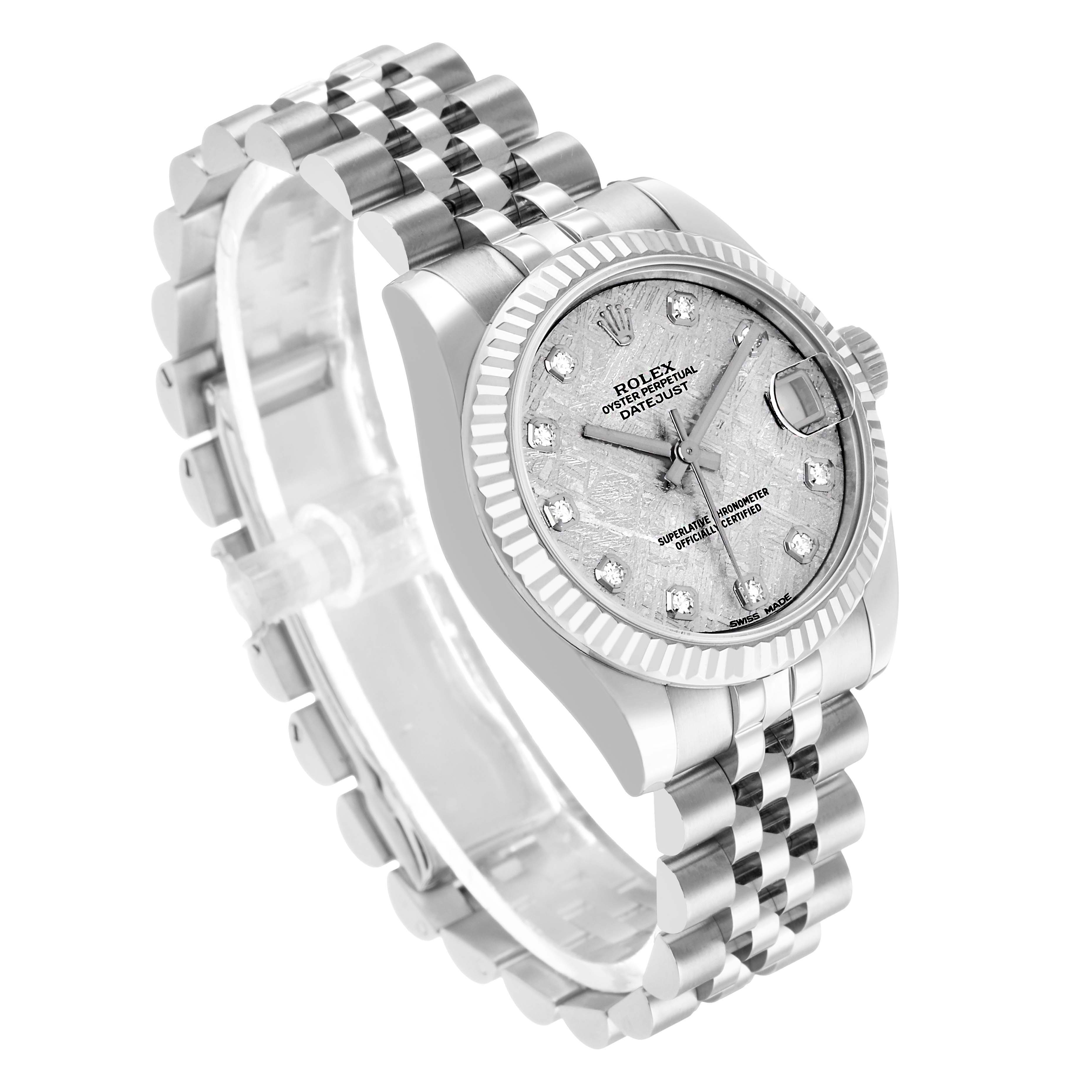 The Rolex Mid-Size 178274 Women's Stainless Steel Silver Dial model features a jubilee bracelet, fluted bezel, and diamond markers, shown from a front side angle.