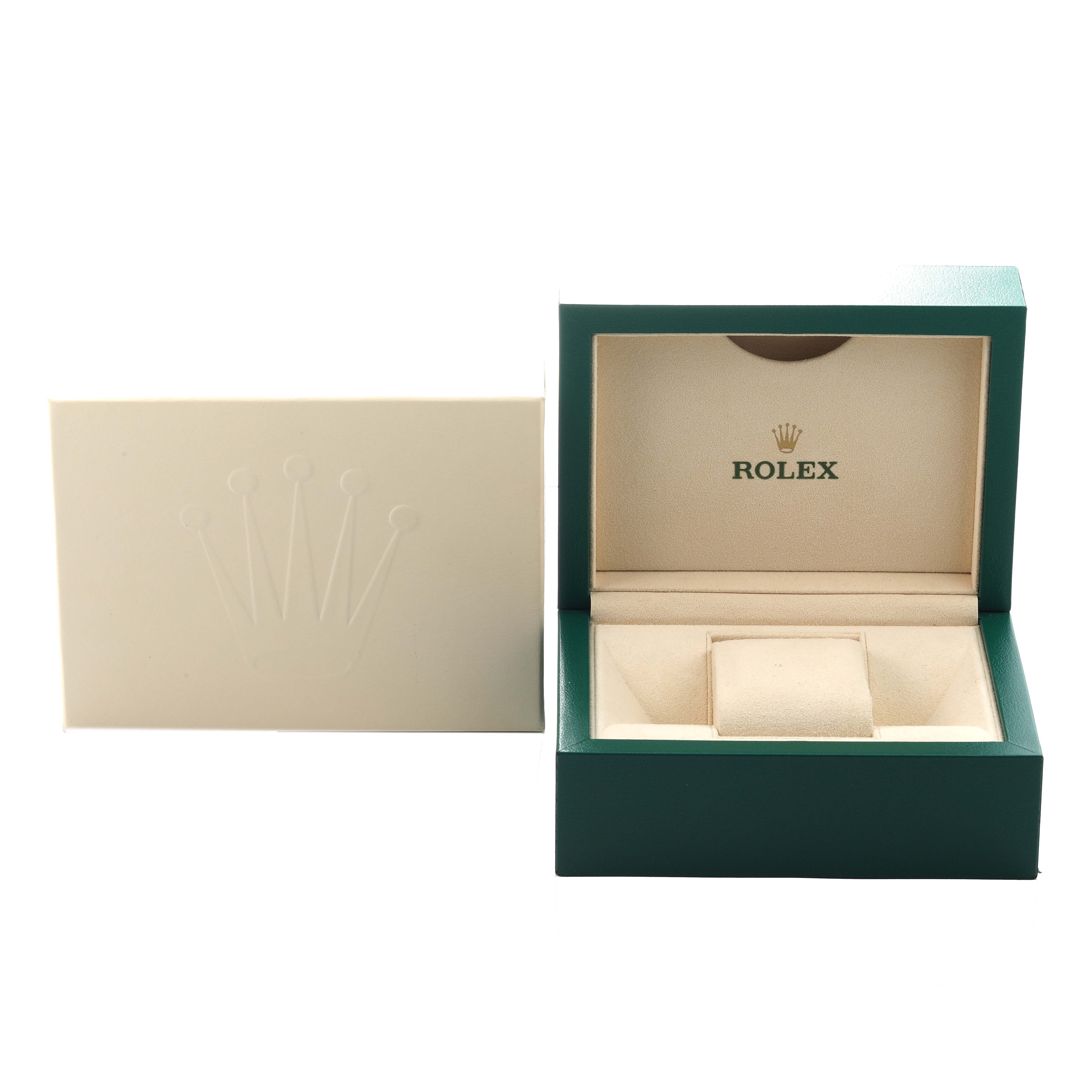 The image shows a Rolex Mid-Size 178274 Women's Stainless Steel Silver Dial watch box and outer cardboard cover from a frontal angle.