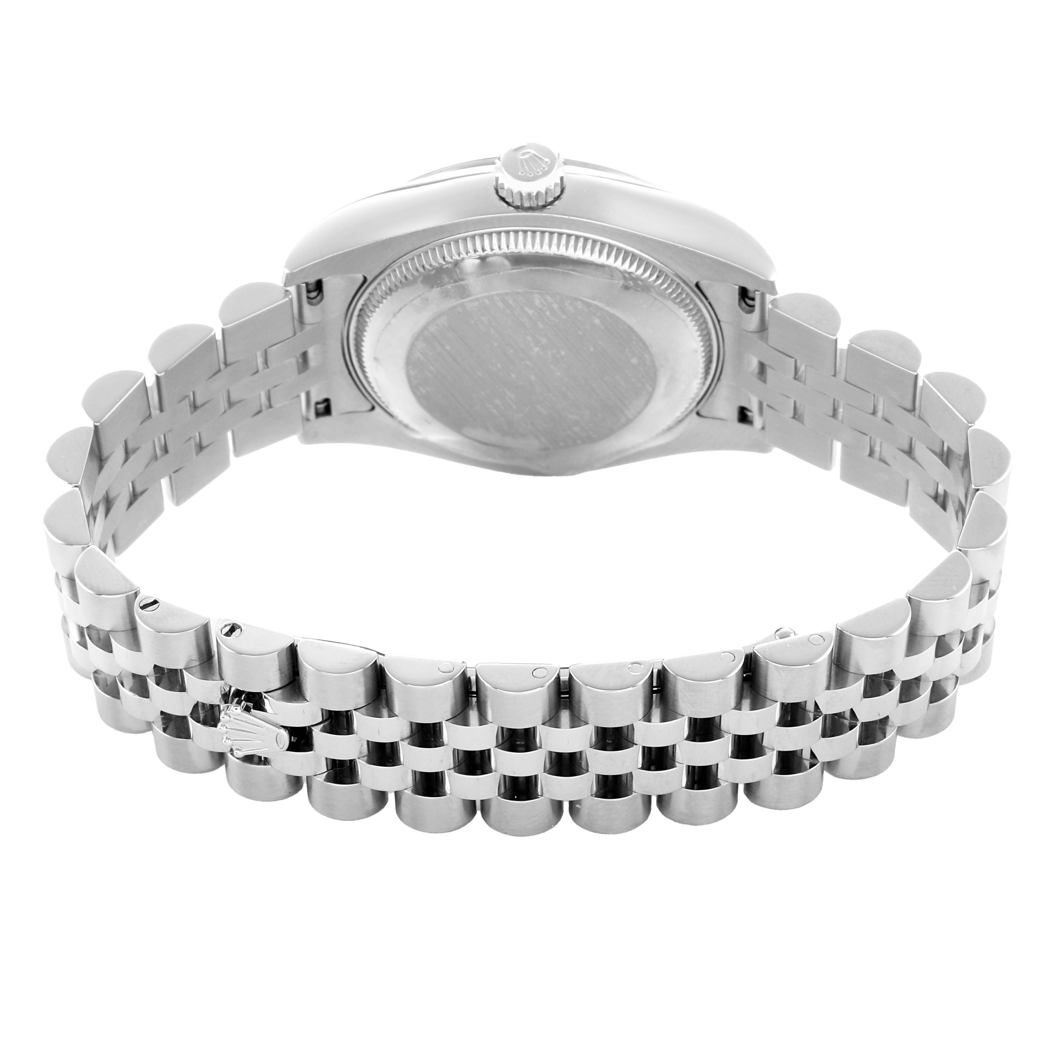 The image shows the back and bracelet of a Rolex Mid-Size 178274 Women's Stainless Steel Silver Dial watch, highlighting the case back and clasp.