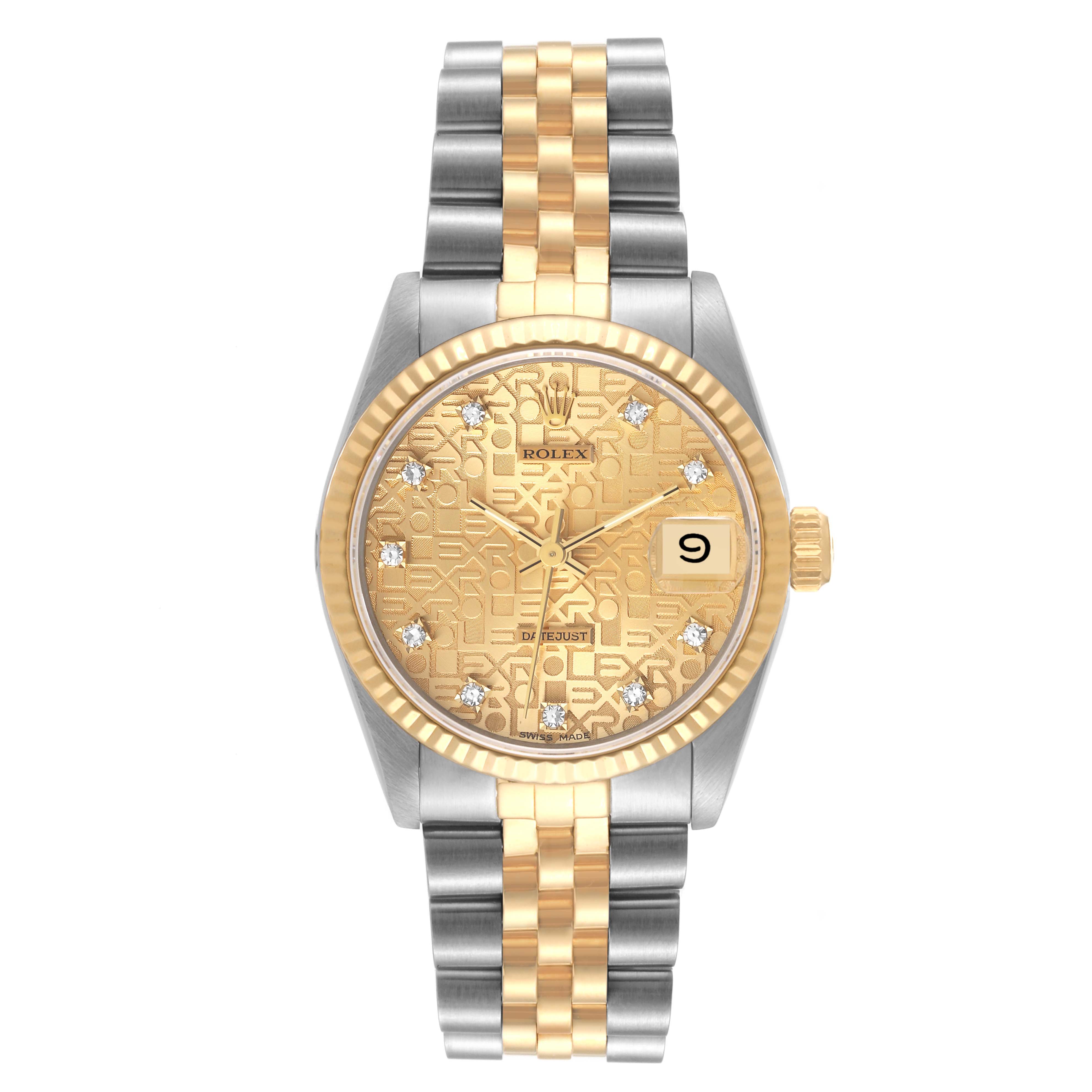 This image shows a front view of a Rolex Mid-Size 68273 Women's Steel and Gold (two tone) Champagne Dial 68273 Women's Steel and Gold (two tone) Champagne Dial watch, highlighting its gold dial, two-tone bracelet, and date window.