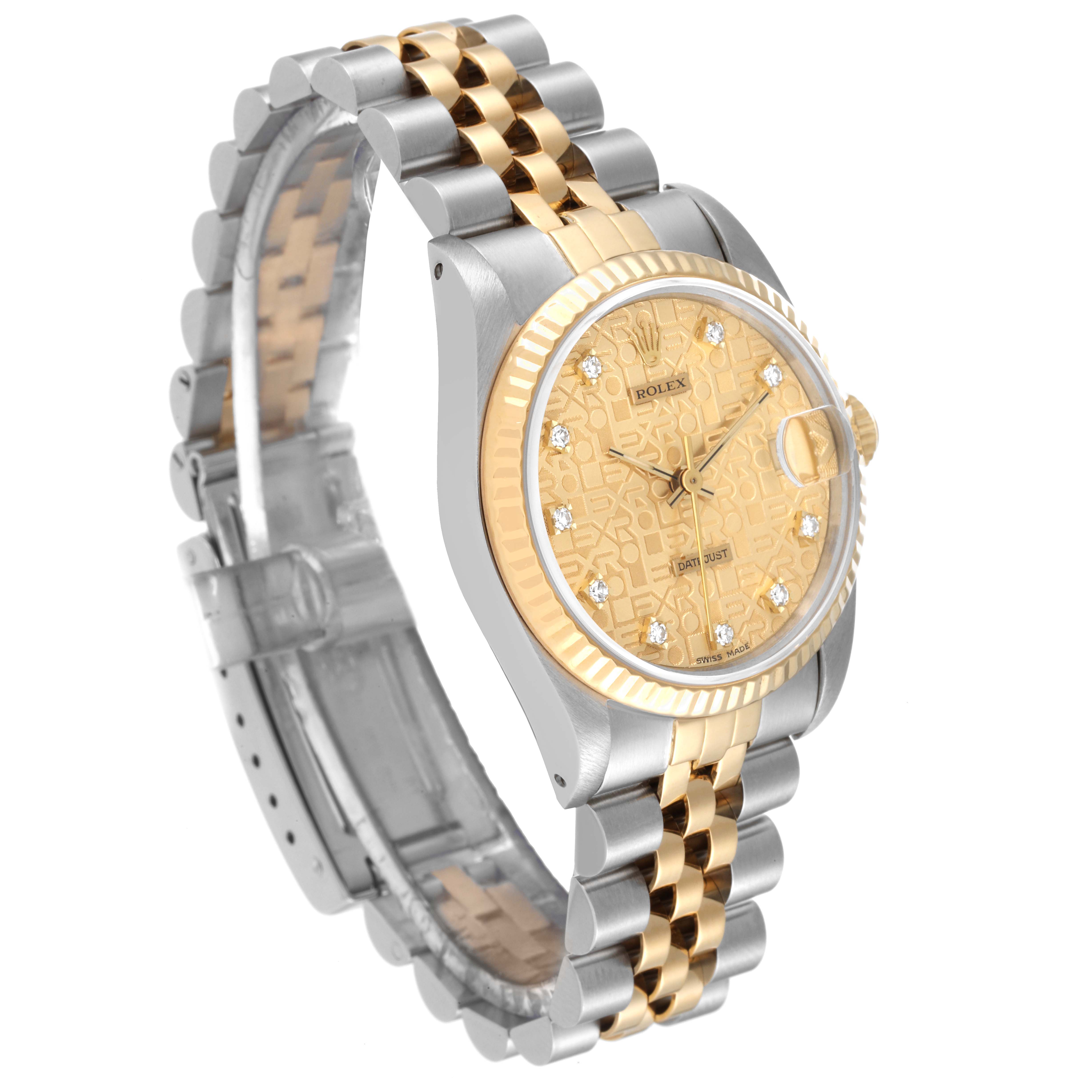 The image shows a Rolex Mid-Size 68273 Women's Steel and Gold (two tone) Champagne Dial 68273 Women's Steel and Gold (two tone) Champagne Dial watch at a three-quarter angle, highlighting the face, bezel, and strap.