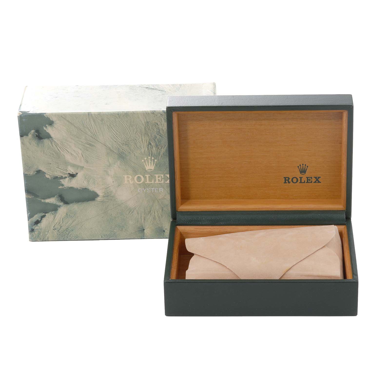 The image shows a Rolex Mid-Size 68273 Women's Steel and Gold (two tone) Champagne Dial 68273 Women's Steel and Gold (two tone) Champagne Dial model watch box and outer packaging at an eye-level angle, with the box open displaying an inner lining.