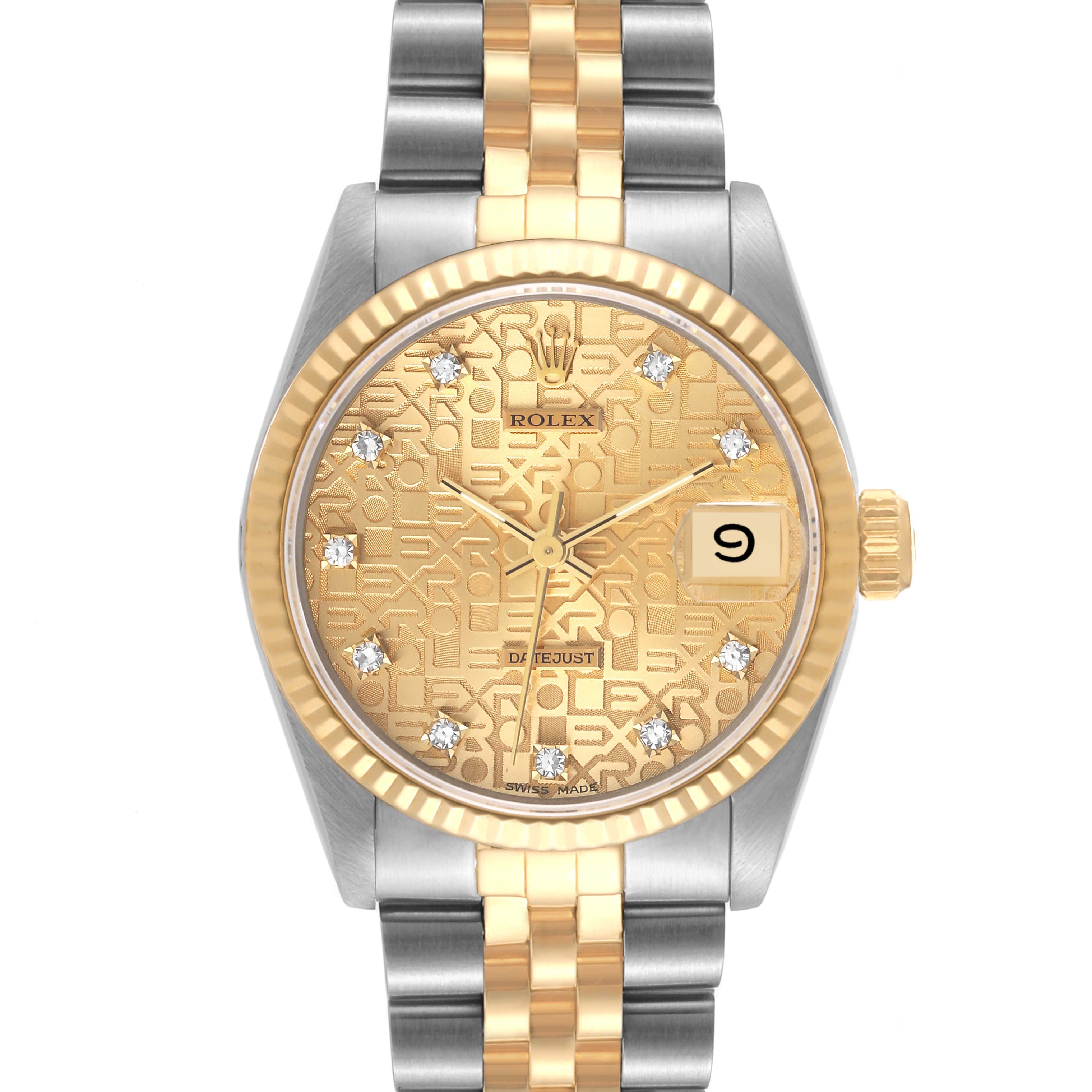 The image shows a front view of a Rolex Mid-Size 68273 Women's Steel and Gold (two tone) Champagne Dial 68273 Women's Steel and Gold (two tone) Champagne Dial Datejust watch with a gold patterned dial and a two-tone metal bracelet.