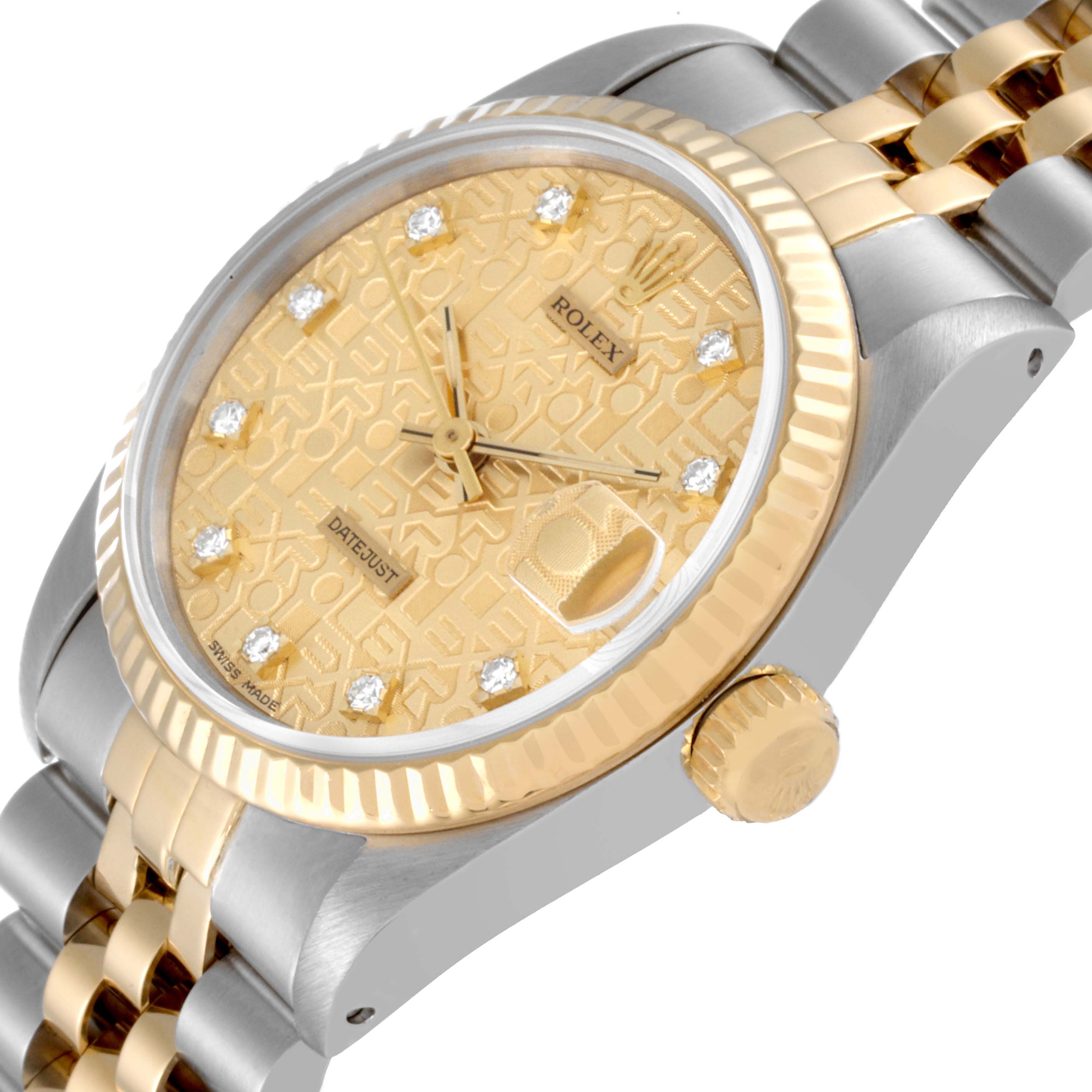 The image shows a close-up, angled view of the Rolex Mid-Size 68273 Women's Steel and Gold (two tone) Champagne Dial 68273 Women's Steel and Gold (two tone) Champagne Dial model, highlighting the gold and silver bracelet, crown, and patterned dial.