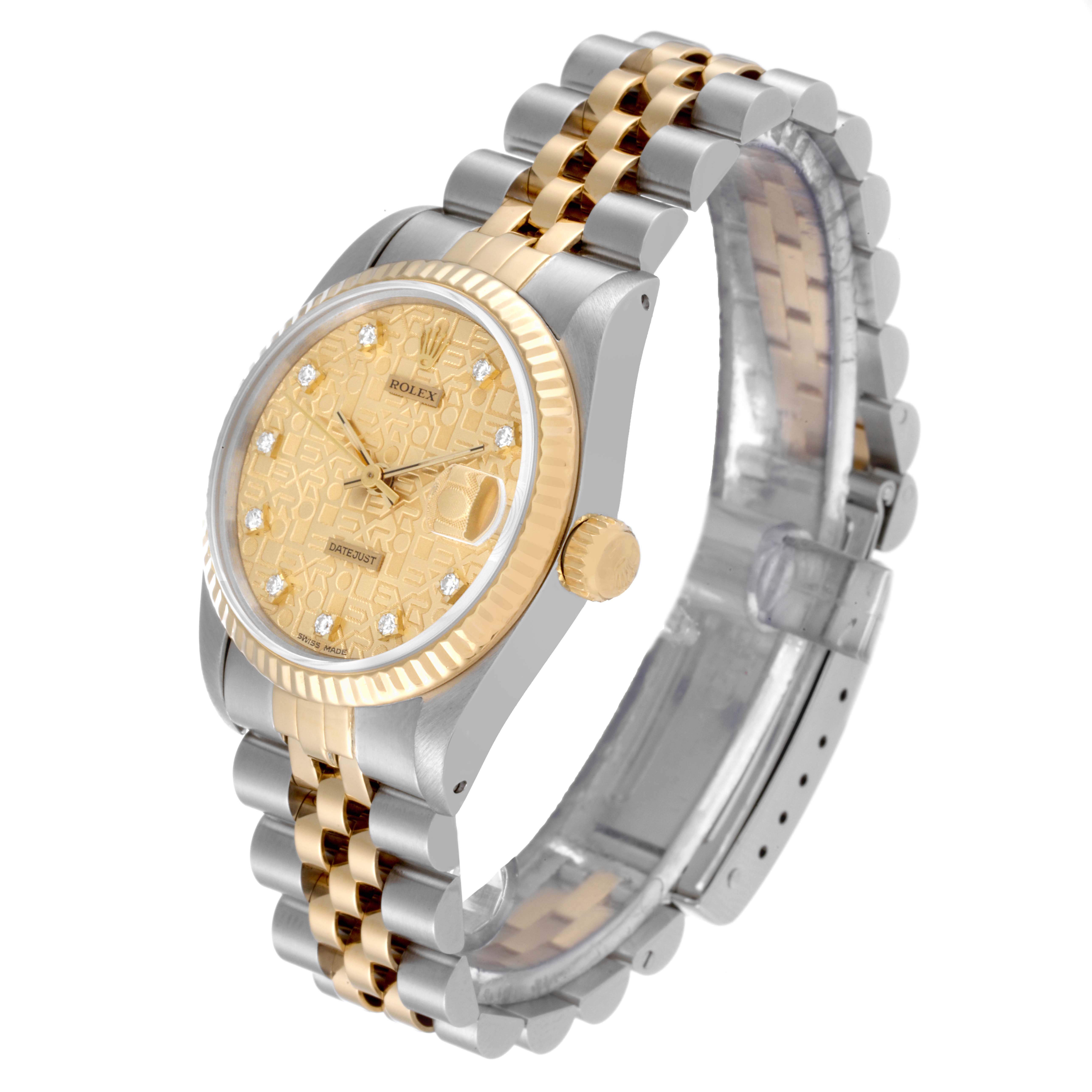 The image shows a side and front view of a Rolex Mid-Size 68273 Women's Steel and Gold (two tone) Champagne Dial 68273 Women's Steel and Gold (two tone) Champagne Dial watch featuring a gold-tone dial, fluted bezel, and two-tone bracelet.