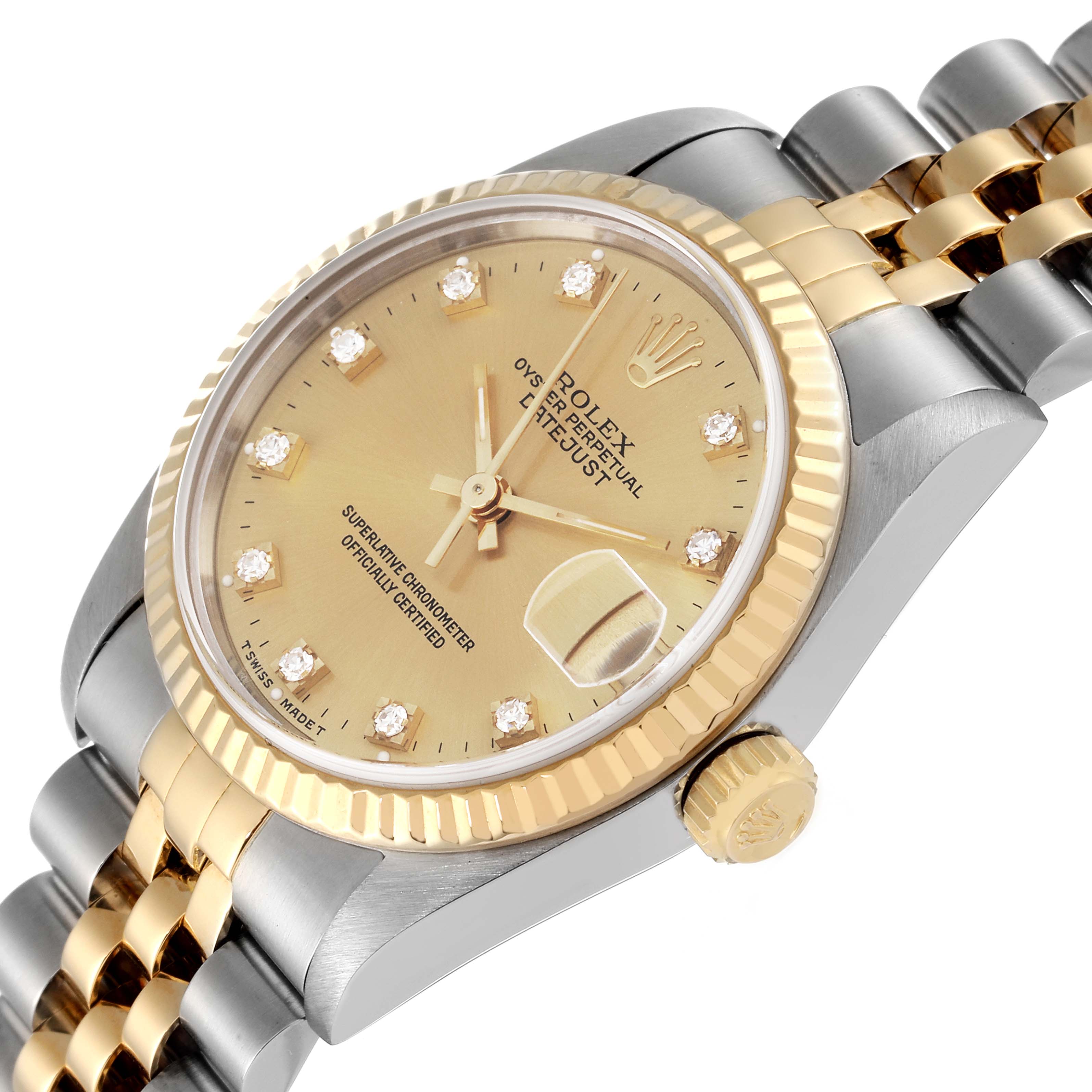 This image shows a close-up of a Mid-Size Rolex watch, highlighting the dial, case, bezel, and part of the bracelet.