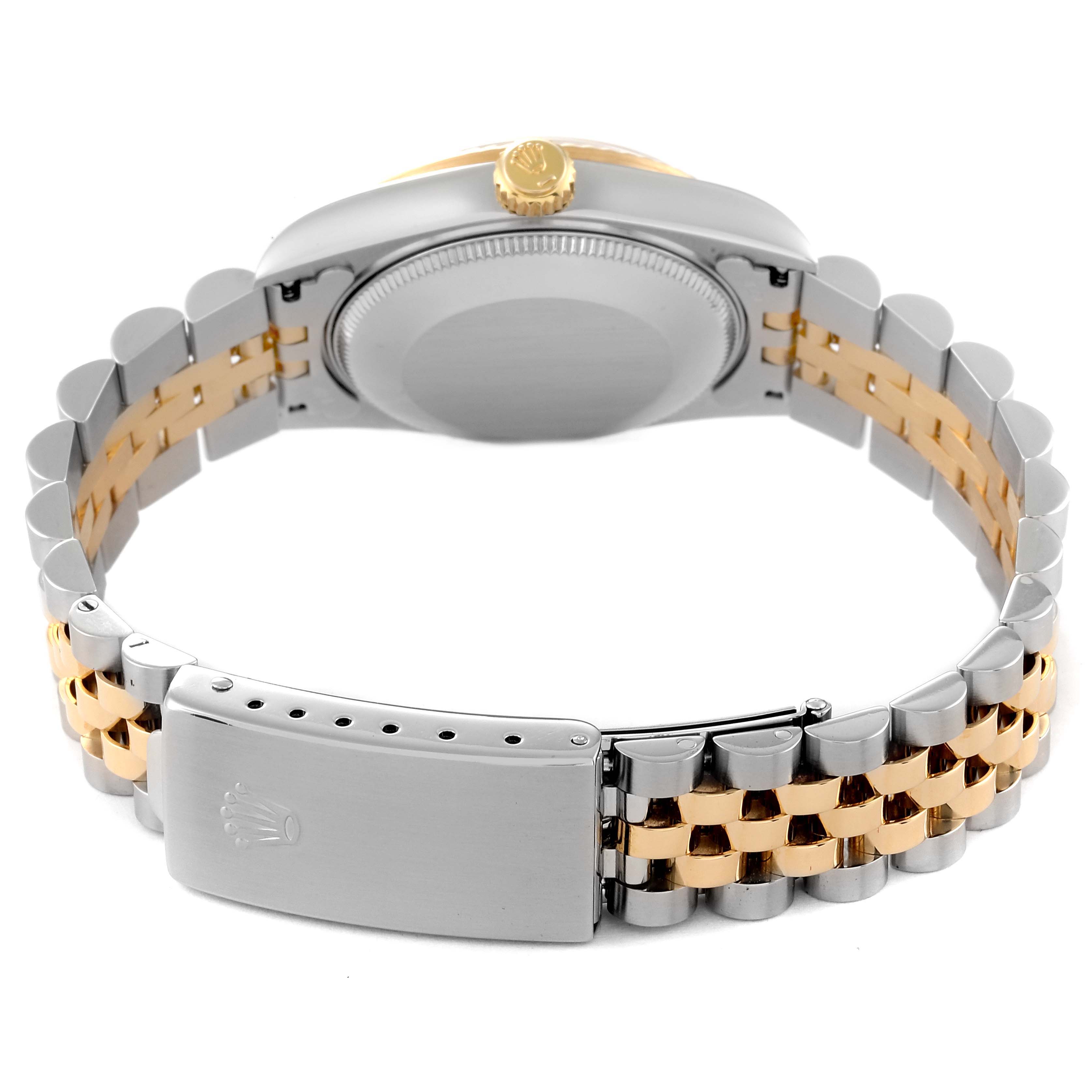 The image shows the back view of a Mid-Size Rolex watch, highlighting its clasp, case back, and two-tone bracelet.