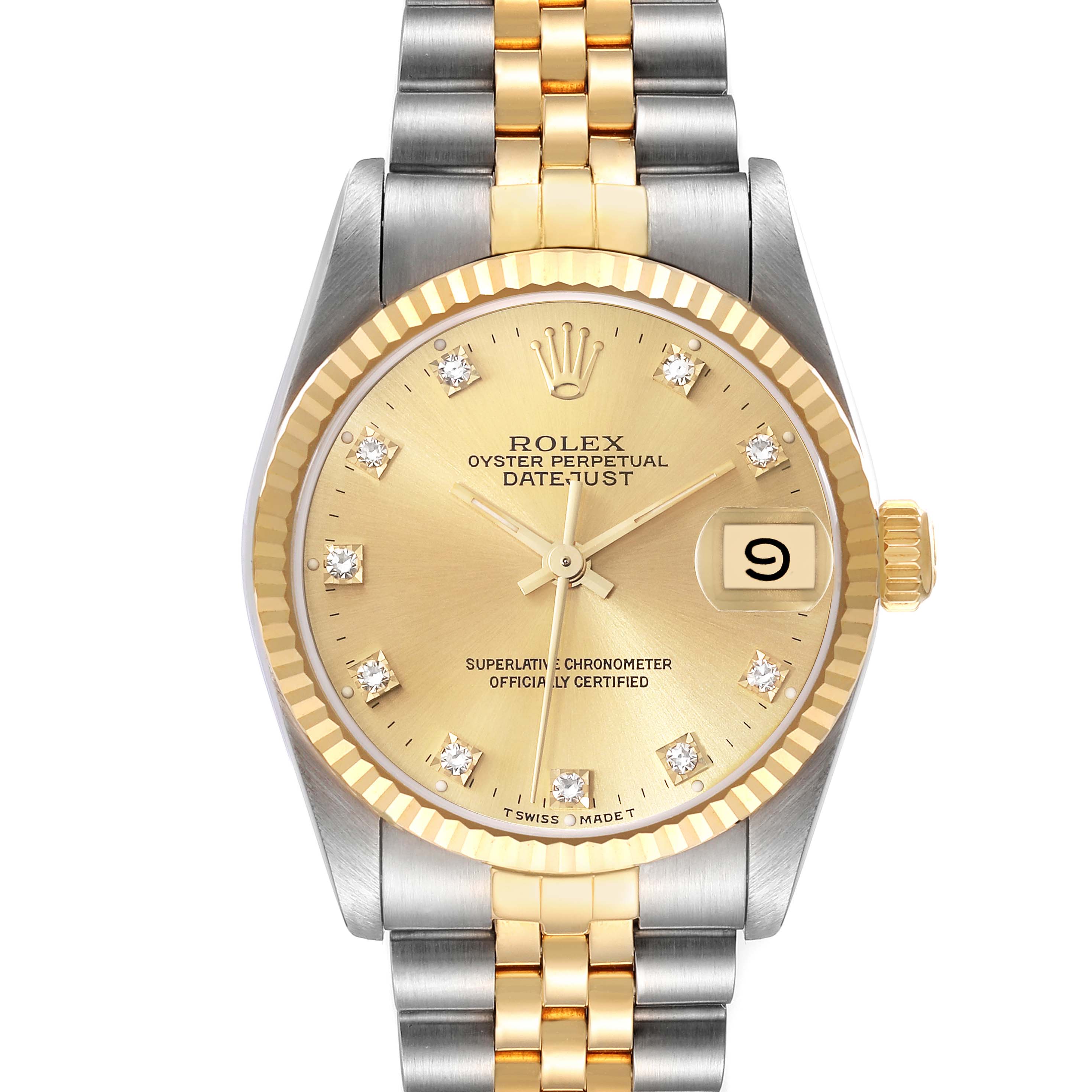 Front view of the Mid-Size Rolex Datejust showing the dial, crown, and two-tone bracelet.