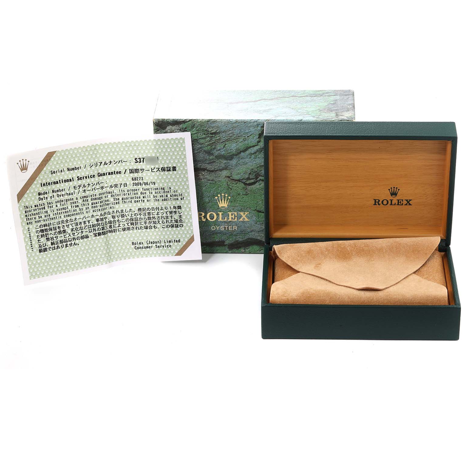The image shows a green Rolex Oyster box, an authentication certificate, and a suede pouch for a Mid-Size Rolex watch.