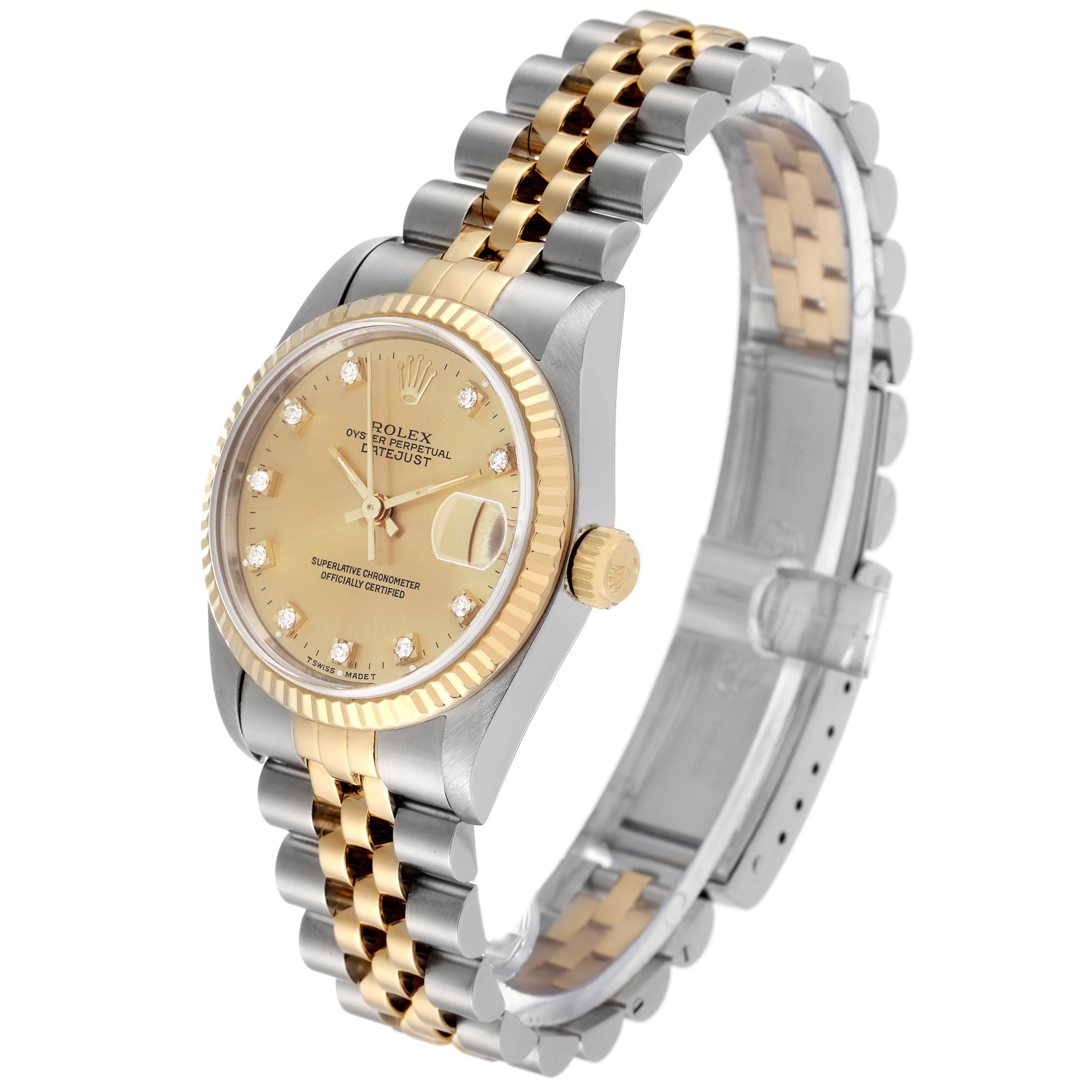 The image shows a Rolex Mid-Size 68273 Women's Steel and Gold (two tone) Champagne Dial 68273 Women's Steel and Gold (two tone) Champagne Dial Datejust watch angled to display the face, crown, and two-tone bracelet.