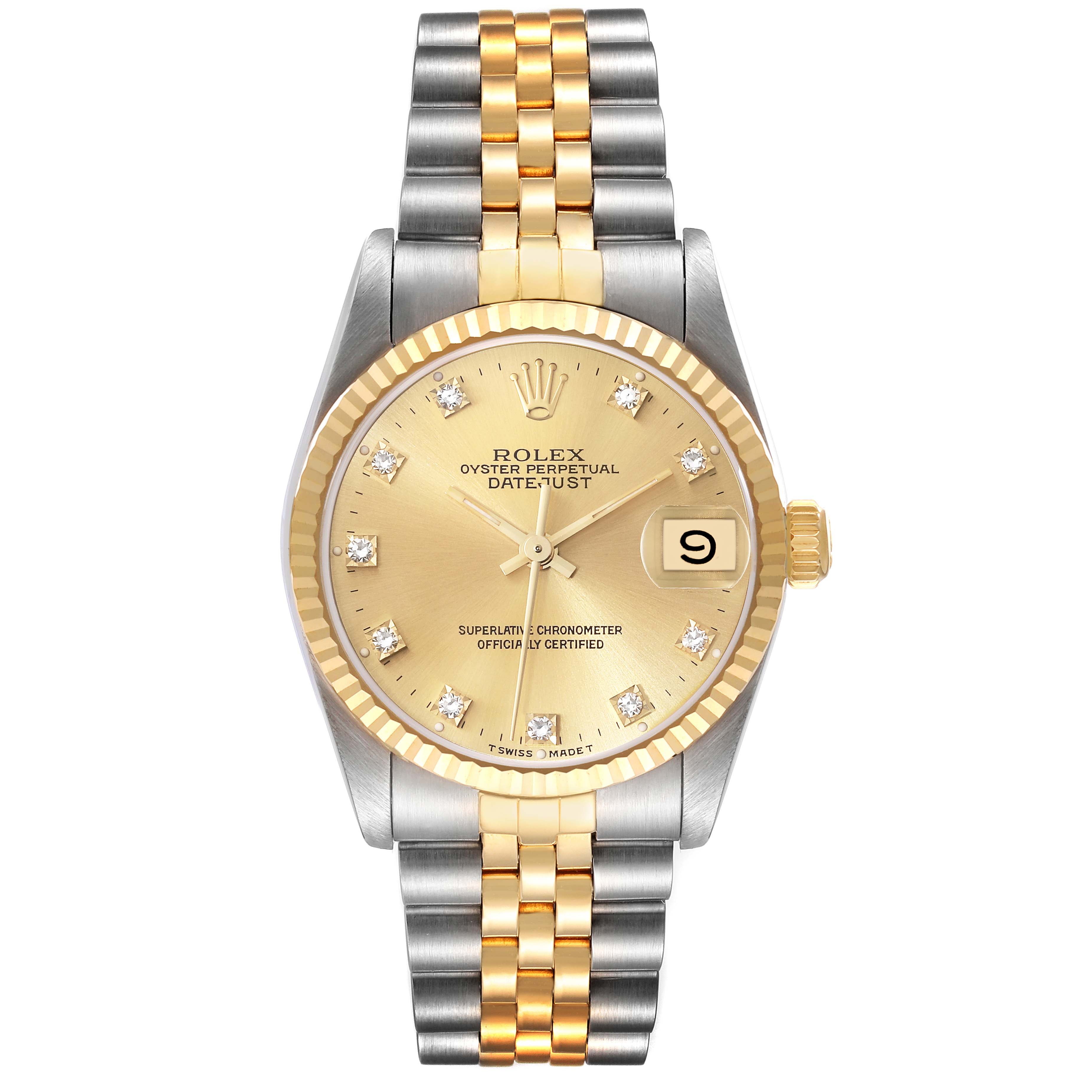 The image shows a front view of a Mid-Size Rolex Oyster Perpetual Datejust watch with a two-tone bracelet and diamond markers.