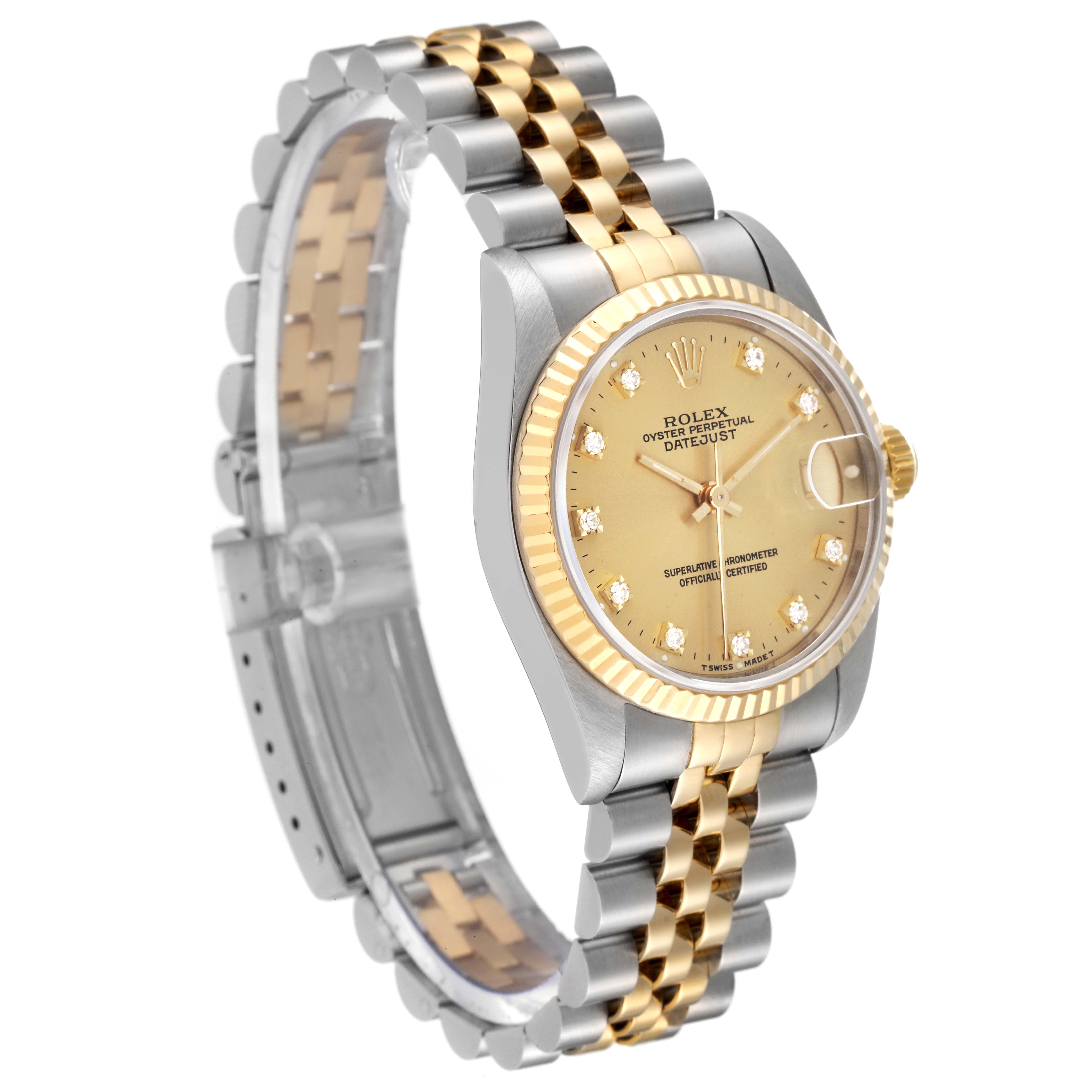 This image showcases a Rolex Datejust Mid-Size watch at a three-quarter angle, highlighting its two-tone bracelet and gold dial.