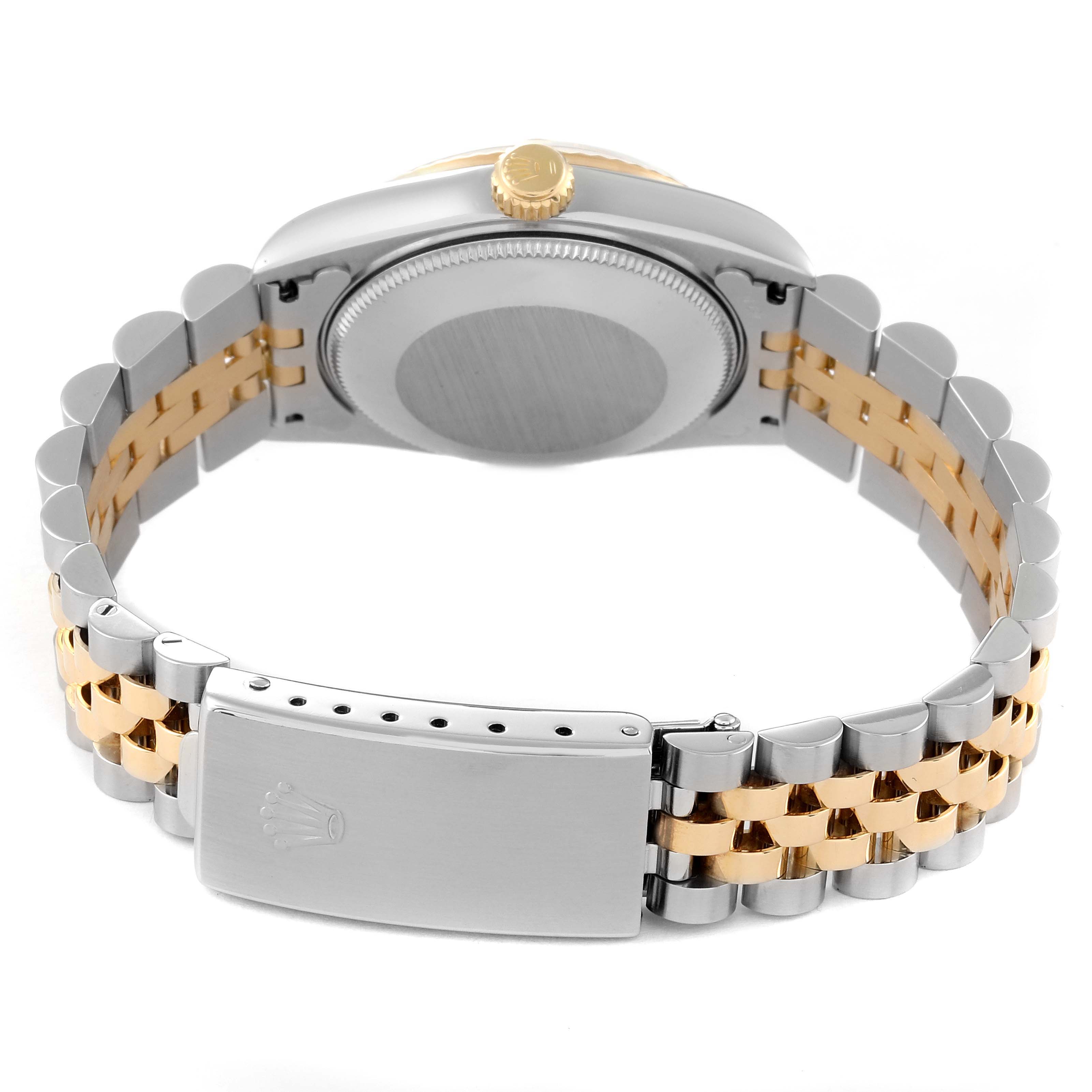 The image shows the back view of a Rolex Mid-Size 68273 Women's Steel and Gold (two tone) Champagne Dial 68273 Women's Steel and Gold (two tone) Champagne Dial watch, highlighting the case back, crown, and two-tone bracelet with clasp.