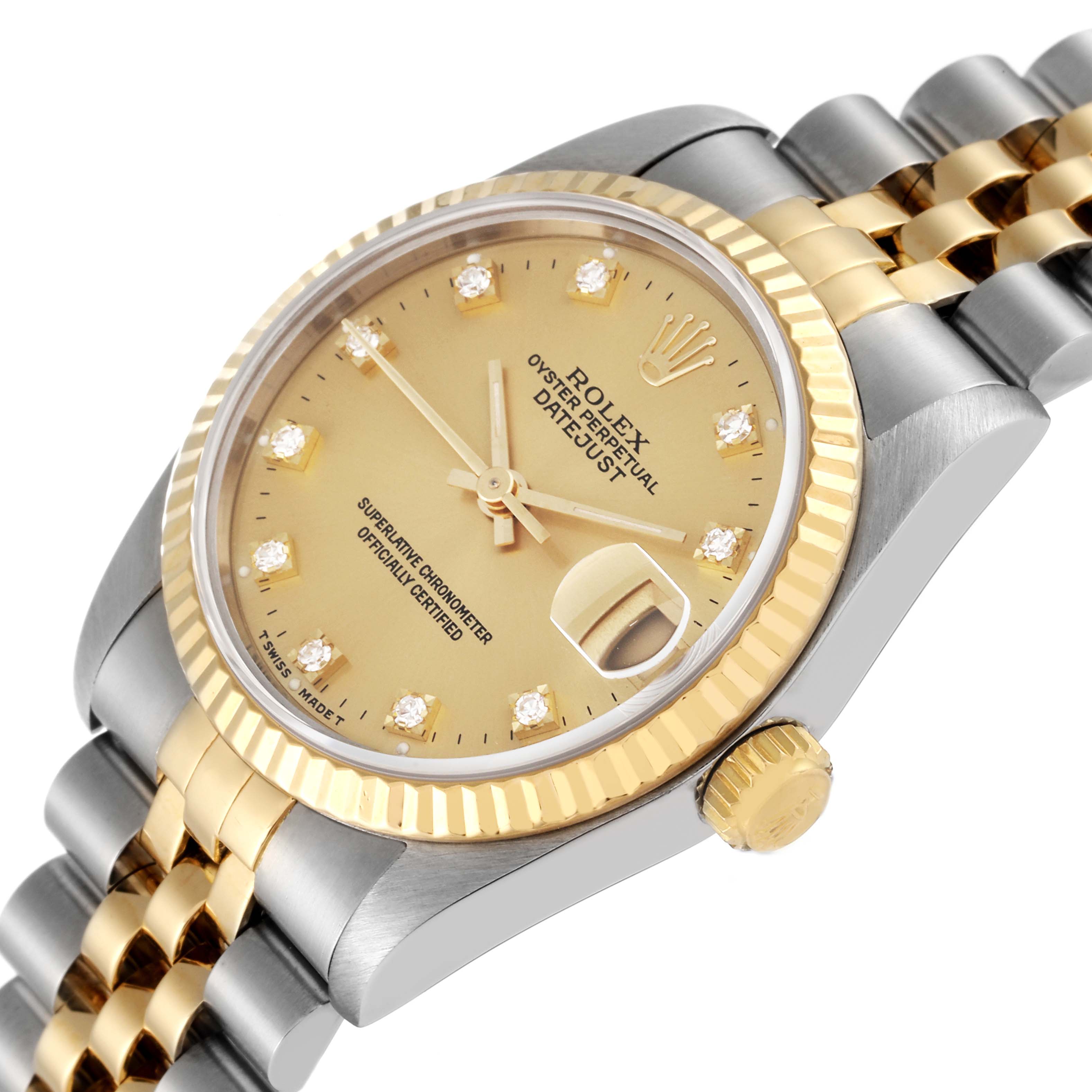 This Rolex Datejust Mid-Size watch is shown at an angle highlighting its face, bezel, crown, and part of the bracelet.