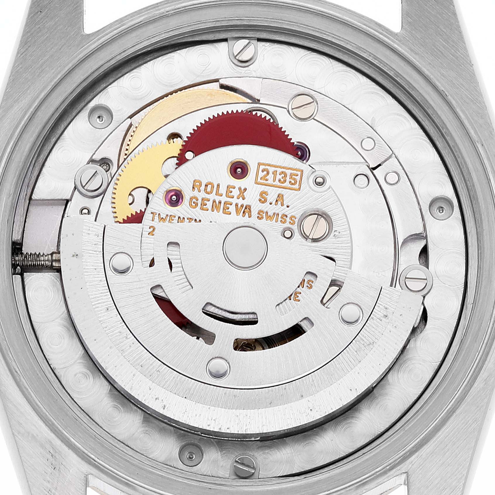 This image shows the intricate internal mechanism of the Rolex Mid-Size 68273 Women's Steel and Gold (two tone) Champagne Dial 68273 Women's Steel and Gold (two tone) Champagne Dial model from a close-up angle.
