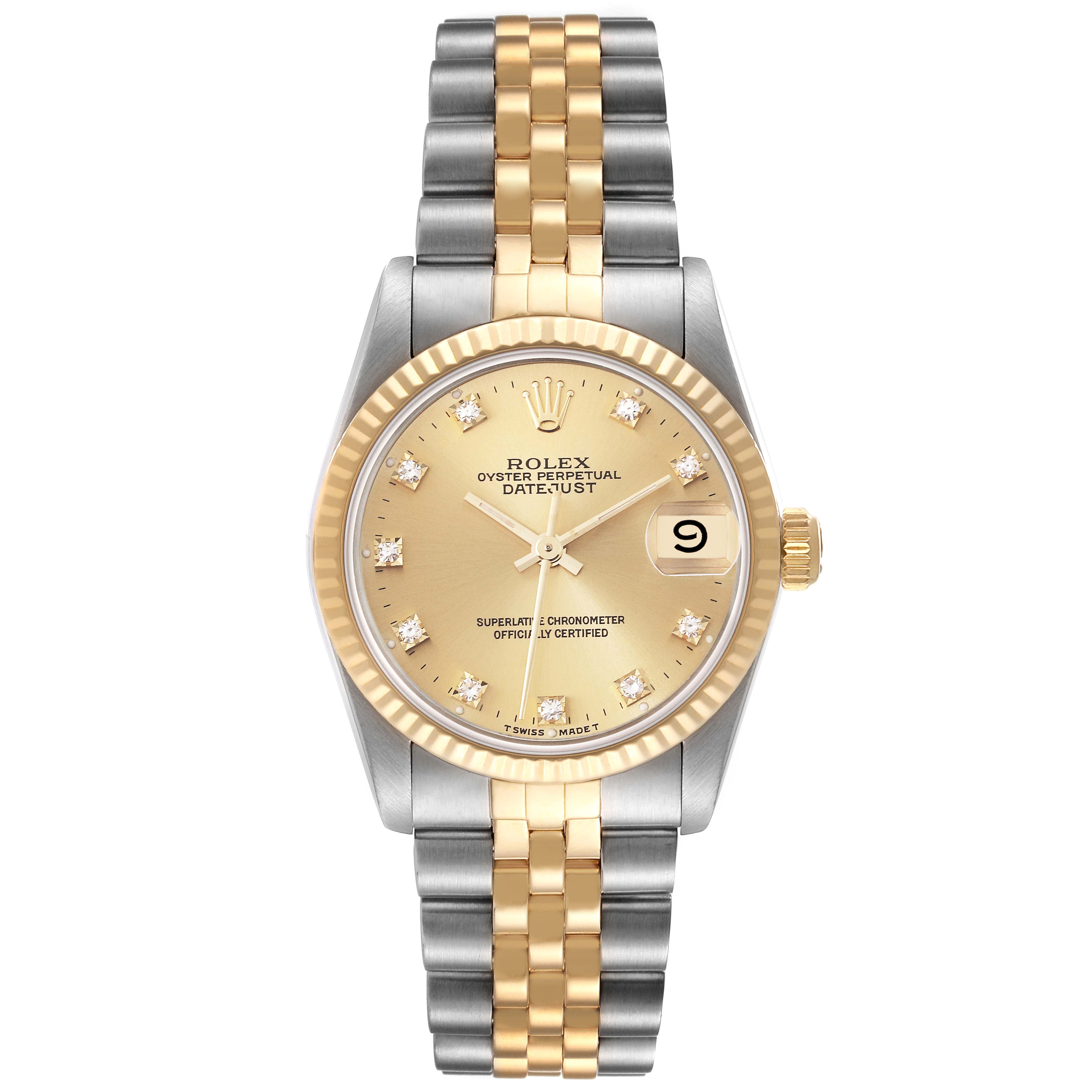 The image shows a frontal view of a mid-size Rolex Datejust watch with a gold and silver two-tone bracelet and a gold dial.