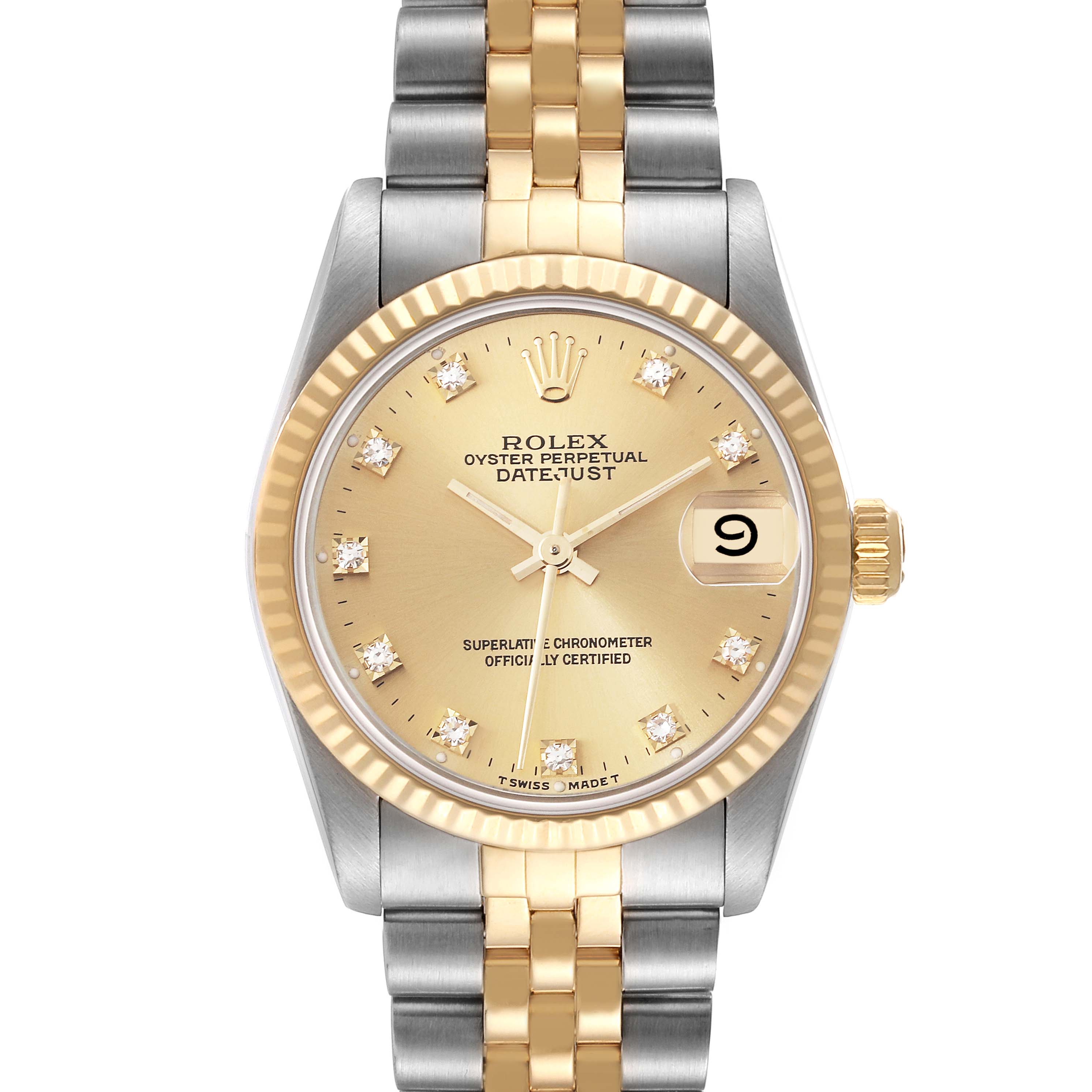 This image shows the front of a Rolex Oyster Perpetual Datejust Mid-Size watch, featuring a gold and silver bracelet and diamond indices.