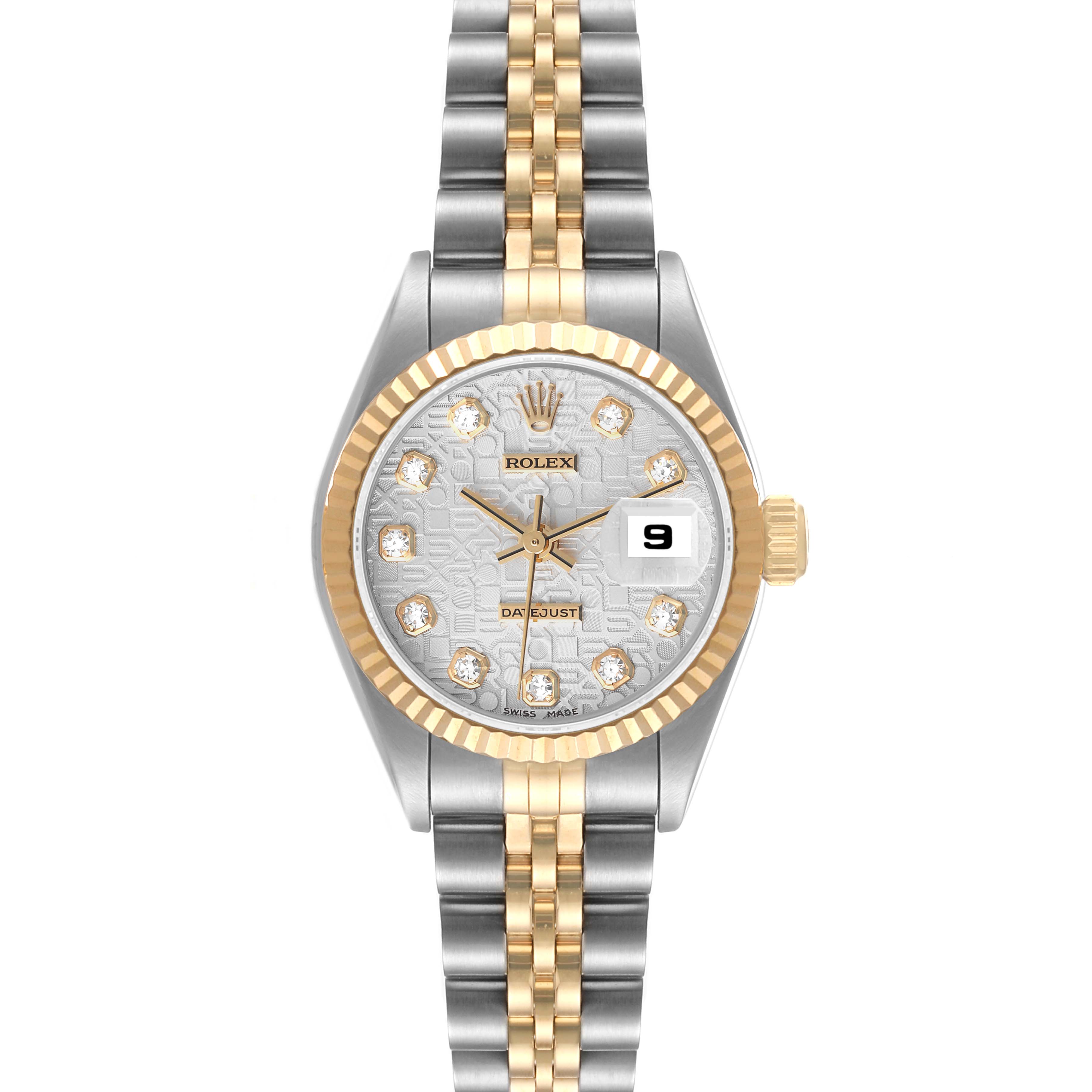 The image shows a front view of the Rolex Datejust 69173 Women's Steel and Gold (two tone) Silver Dial 69173 Women's Steel and Gold (two tone) Silver Dial watch, highlighting its dial, bezel, and two-tone bracelet.