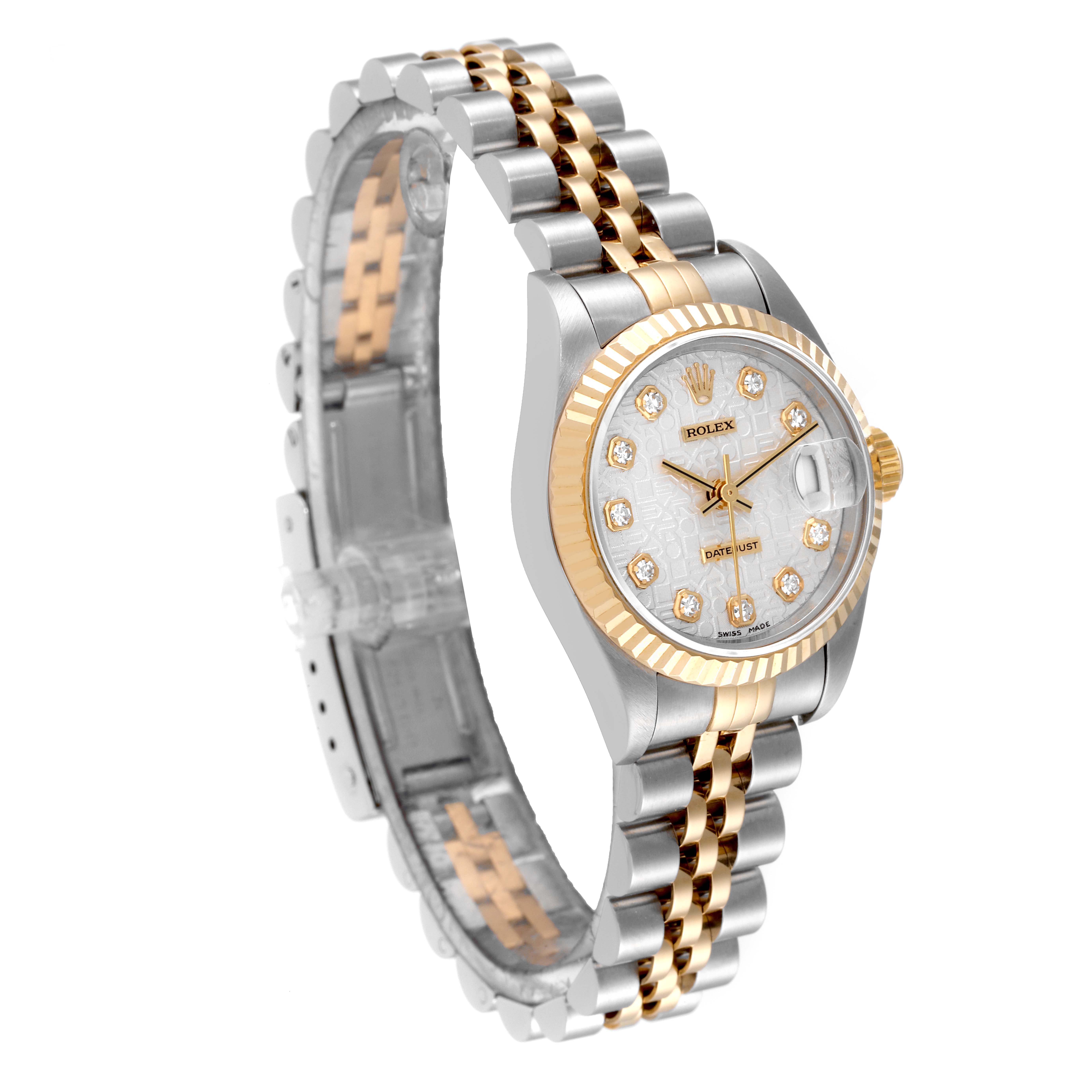 The Rolex Datejust 69173 Women's Steel and Gold (two tone) Silver Dial 69173 Women's Steel and Gold (two tone) Silver Dial watch is shown from a front-side angle, displaying its face, bezel, and two-tone bracelet.