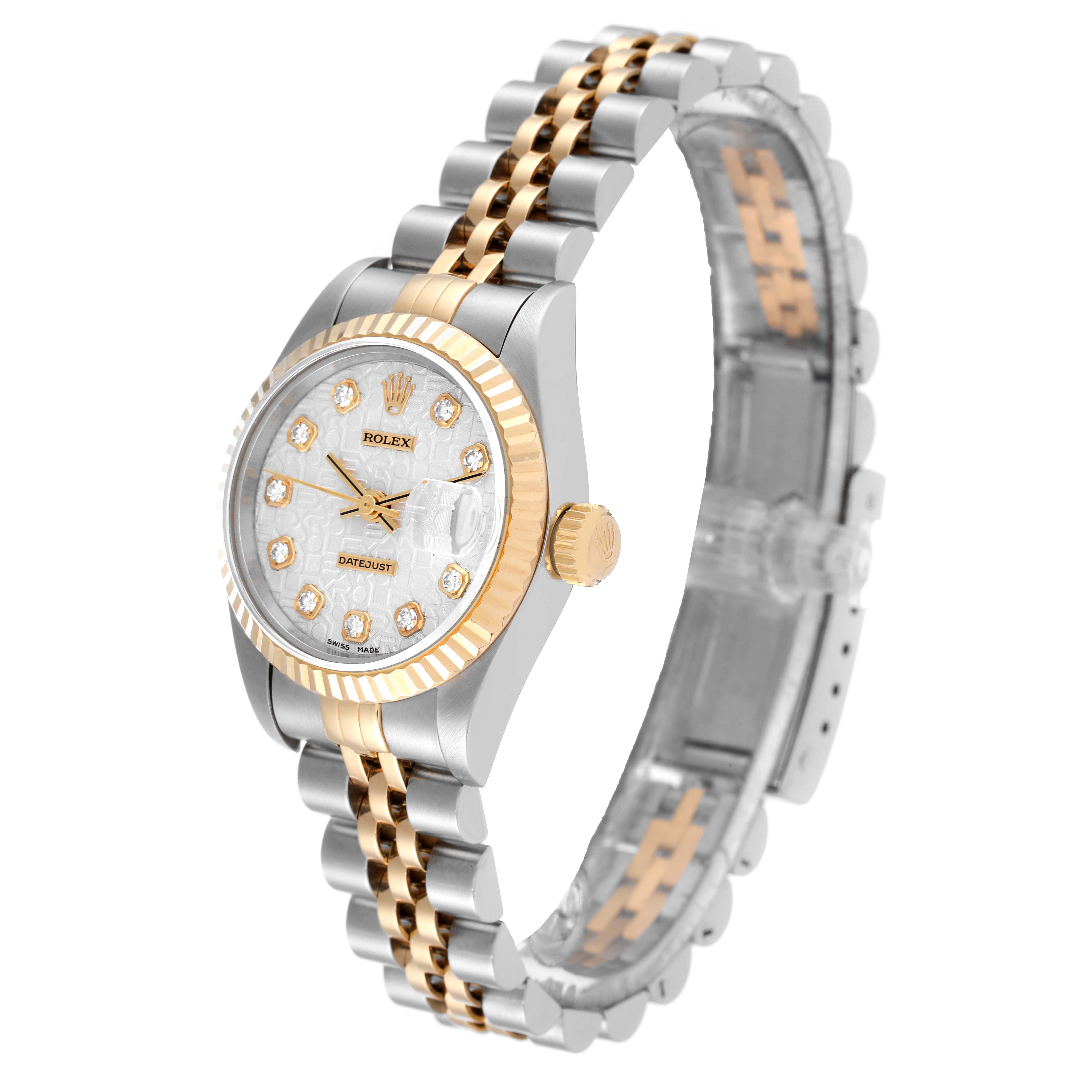 This image shows a Rolex Datejust 69173 Women's Steel and Gold (two tone) Silver Dial 69173 Women's Steel and Gold (two tone) Silver Dial watch from a three-quarter angle, highlighting its two-tone bracelet, diamond dial, and fluted bezel.