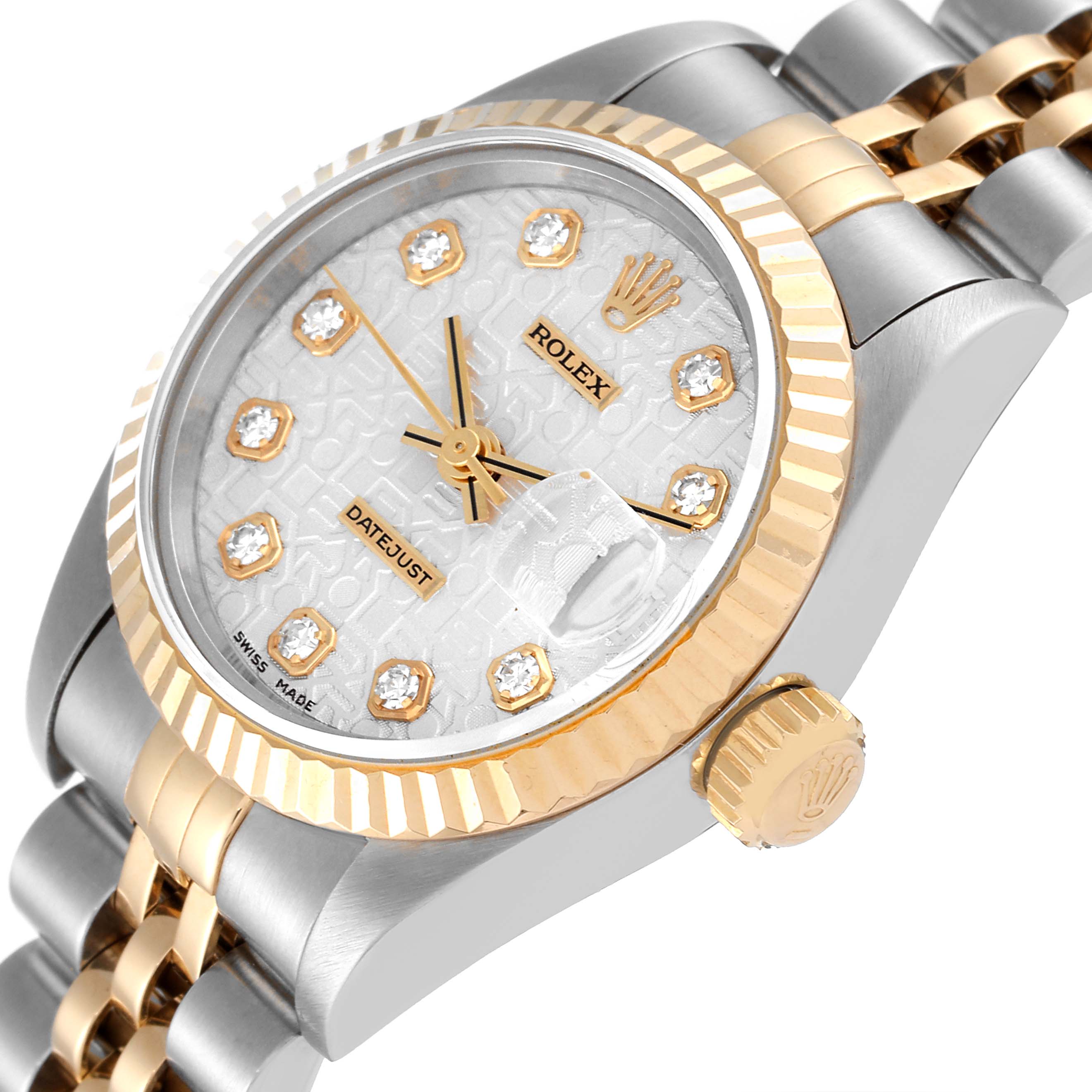 This image shows a close-up of a Rolex Datejust 69173 Women's Steel and Gold (two tone) Silver Dial 69173 Women's Steel and Gold (two tone) Silver Dial watch from a slight side angle, highlighting its dial, bezel, crown, and bracelet.