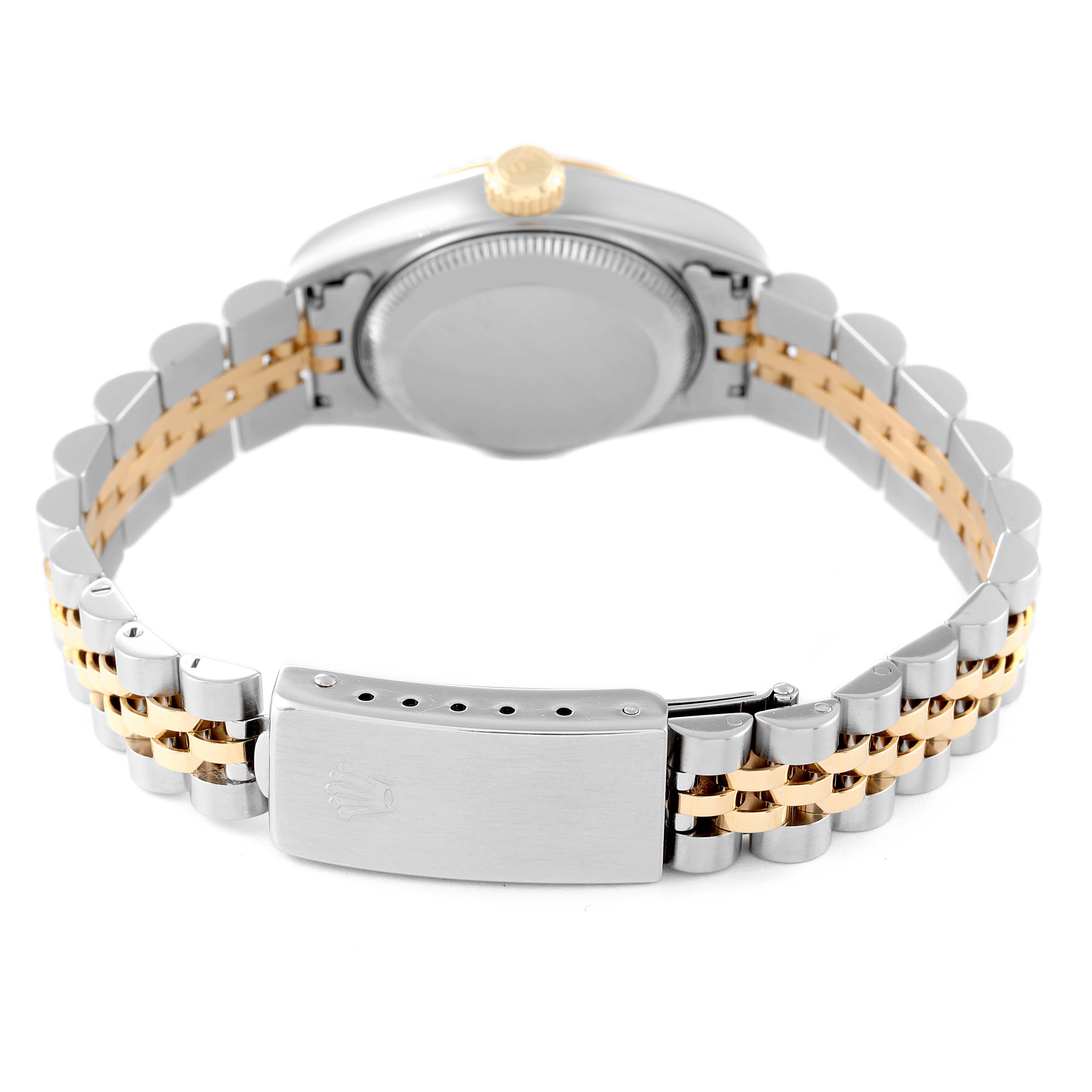 The image shows the back case and bracelet of a Rolex Datejust 69173 Women's Steel and Gold (two tone) Silver Dial 69173 Women's Steel and Gold (two tone) Silver Dial watch, emphasizing its two-tone metal links and clasp.