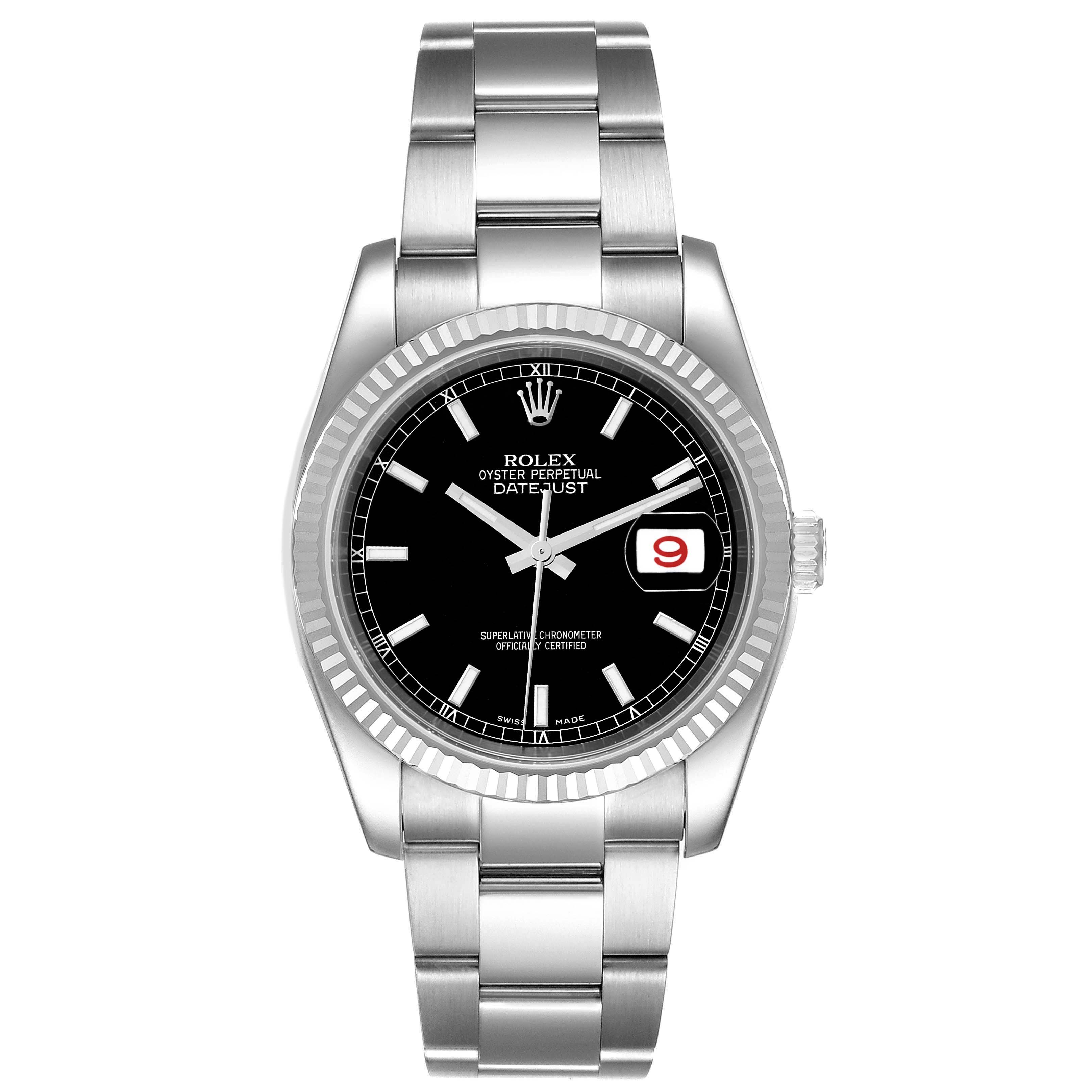 This image showcases a Rolex Datejust 116234 Men's Stainless Steel Black Dial 116234 Men's Stainless Steel Black Dial watch in a frontal view, highlighting its black dial, fluted bezel, and stainless steel bracelet.