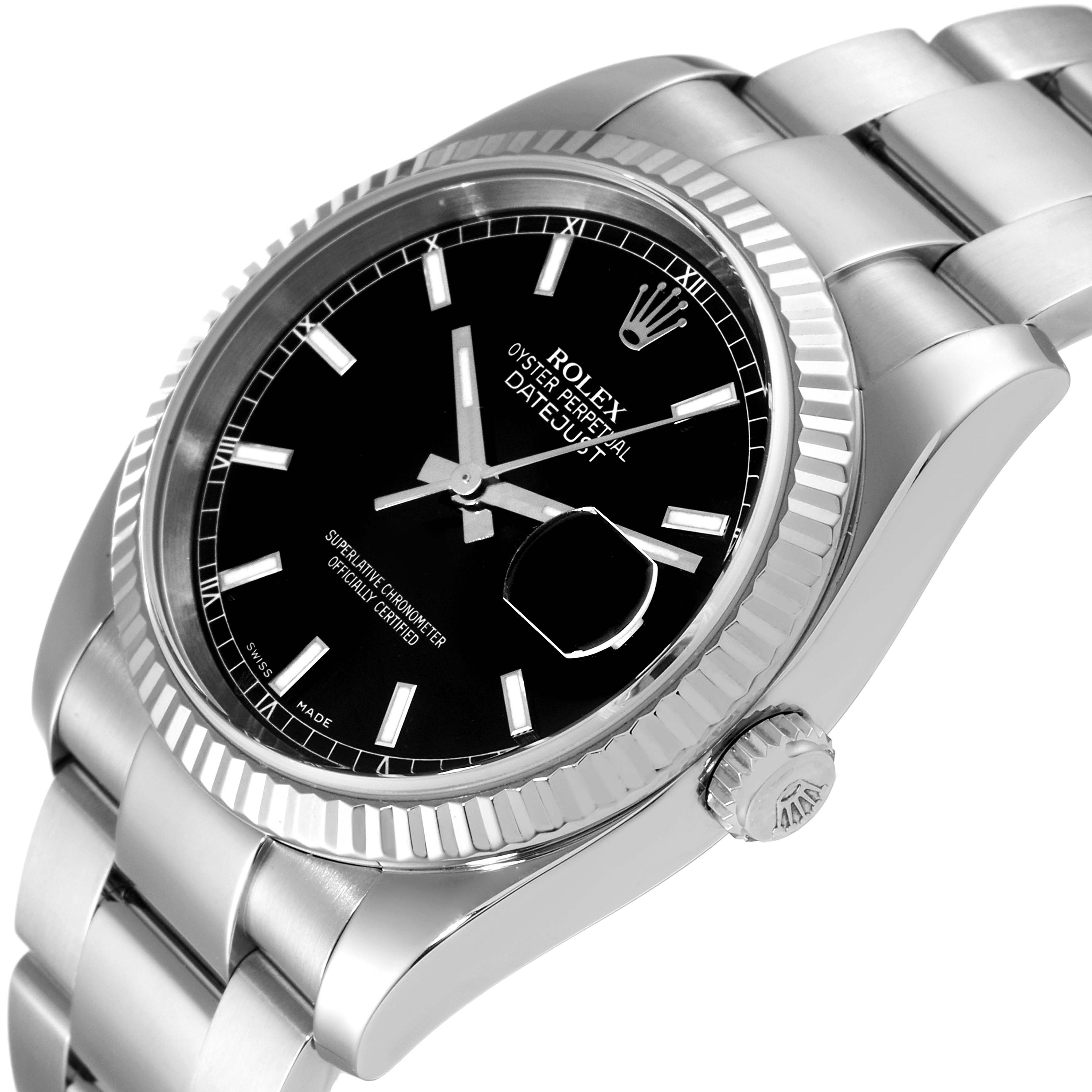 This is an angled close-up of the Rolex Datejust 116234 Men's Stainless Steel Black Dial 116234 Men's Stainless Steel Black Dial watch, showing its black dial, bezel, crown, and bracelet.