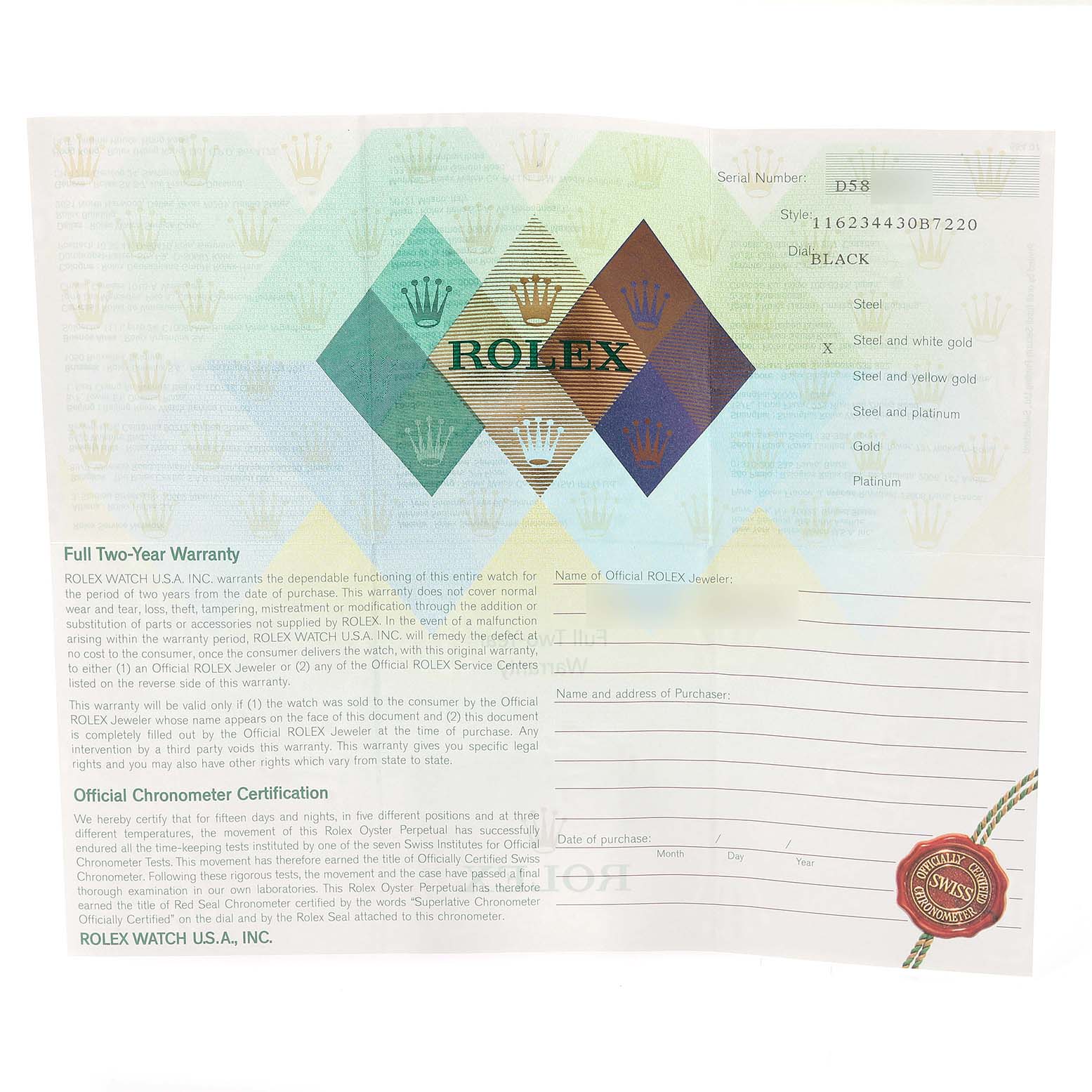 This image shows the warranty and certification document for a Rolex Datejust 116234 Men's Stainless Steel Black Dial 116234 Men's Stainless Steel Black Dial watch.