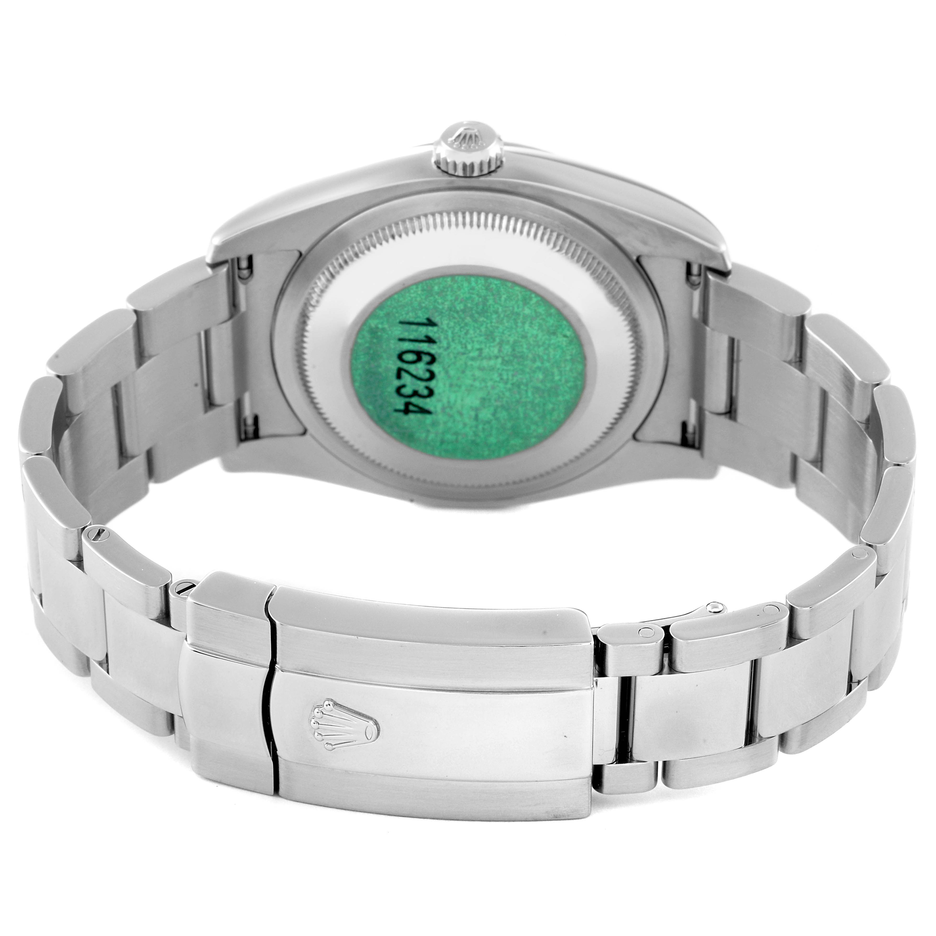 The image shows the back and bracelet clasp of a Rolex Datejust 116234 Men's Stainless Steel Black Dial 116234 Men's Stainless Steel Black Dial watch from a rear angle.