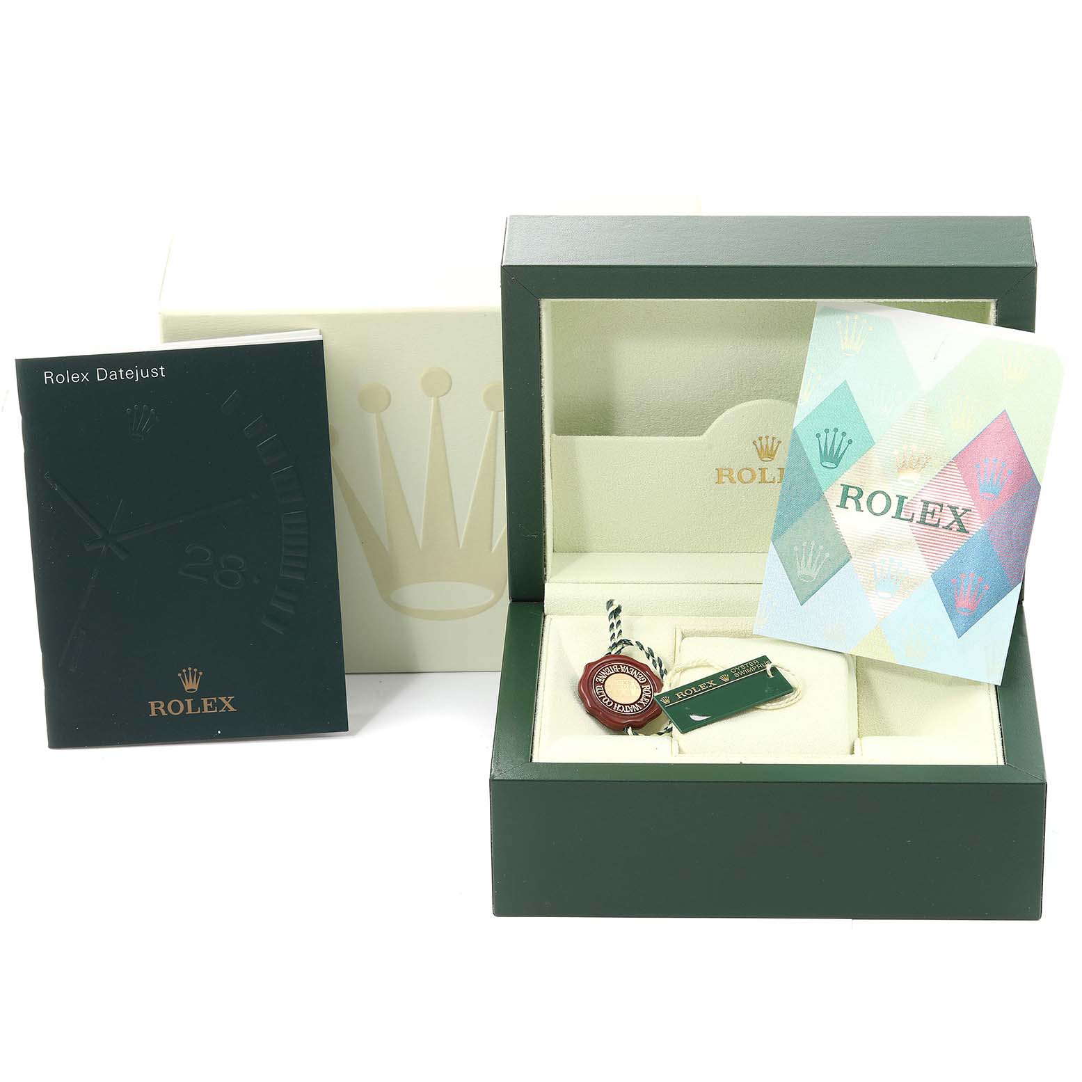 The image shows the packaging, tags, and booklet of the Rolex Datejust 116234 Men's Stainless Steel Black Dial 116234 Men's Stainless Steel Black Dial model.