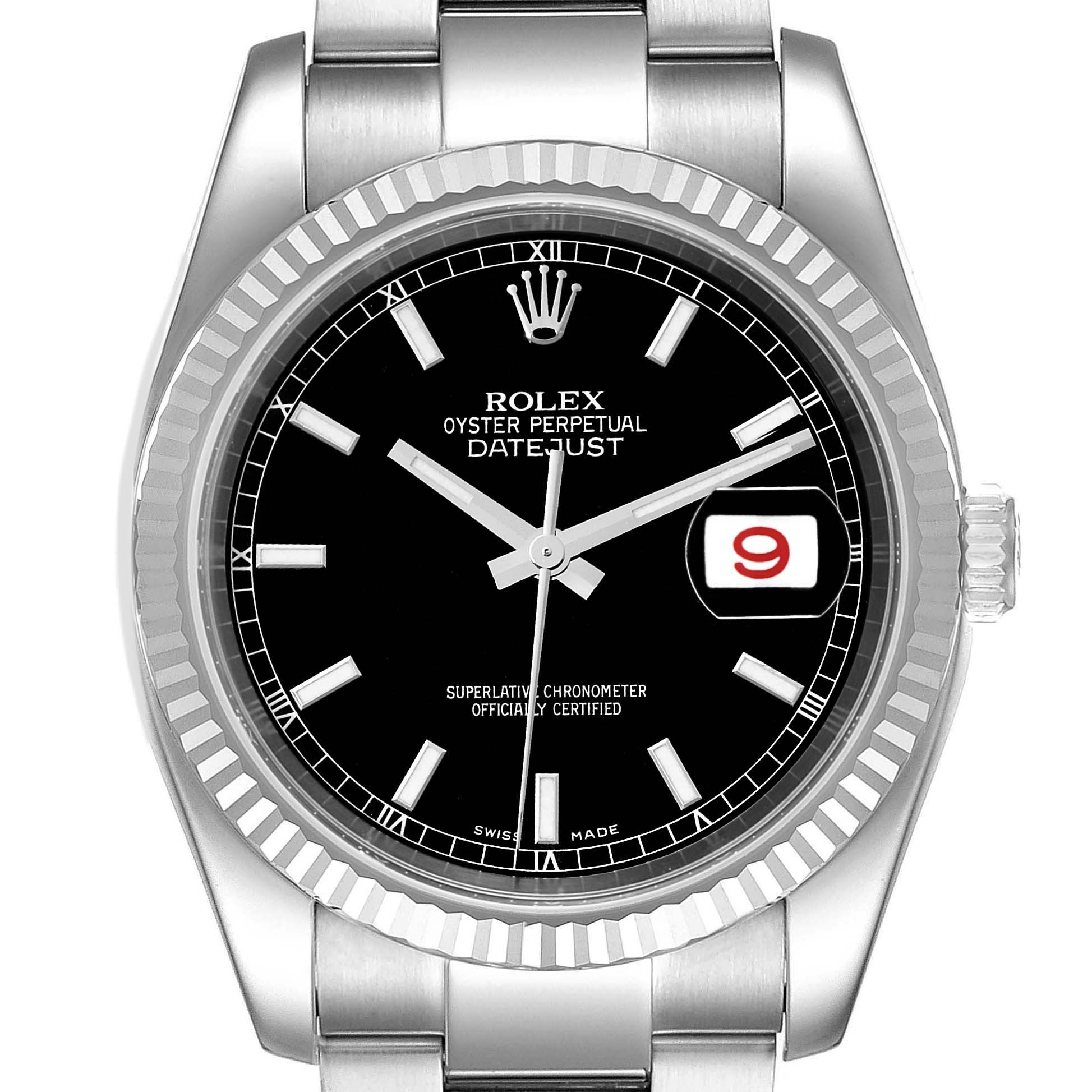 The image shows a frontal view of a Rolex Datejust 116234 Men's Stainless Steel Black Dial 116234 Men's Stainless Steel Black Dial watch, including the face, bezel, and part of the bracelet.