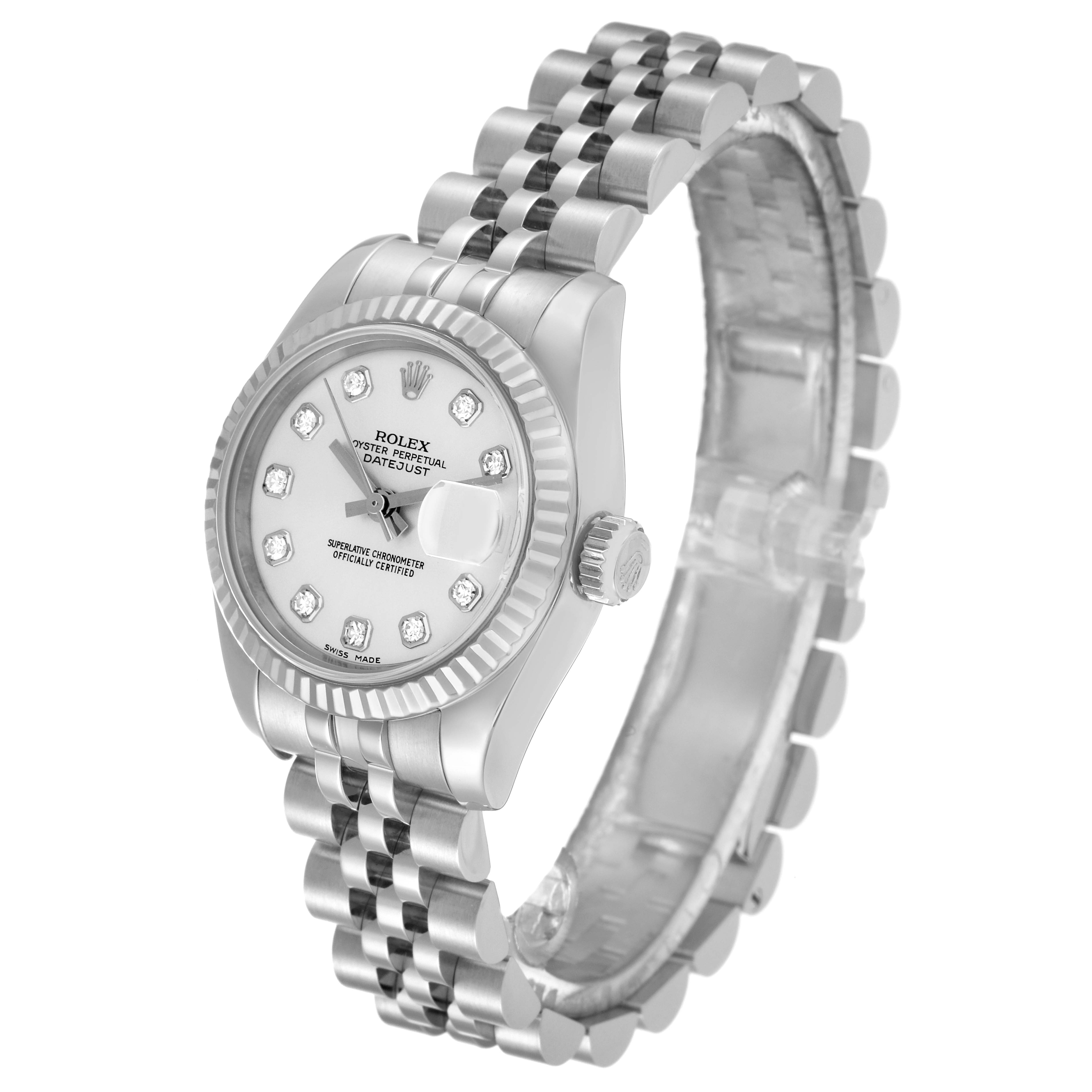 The image shows a Rolex Datejust 179174 Women's Stainless Steel Silver Dial 179174 Women's Stainless Steel Silver Dial watch, highlighting its face, bezel, and bracelet, at an angled side view.