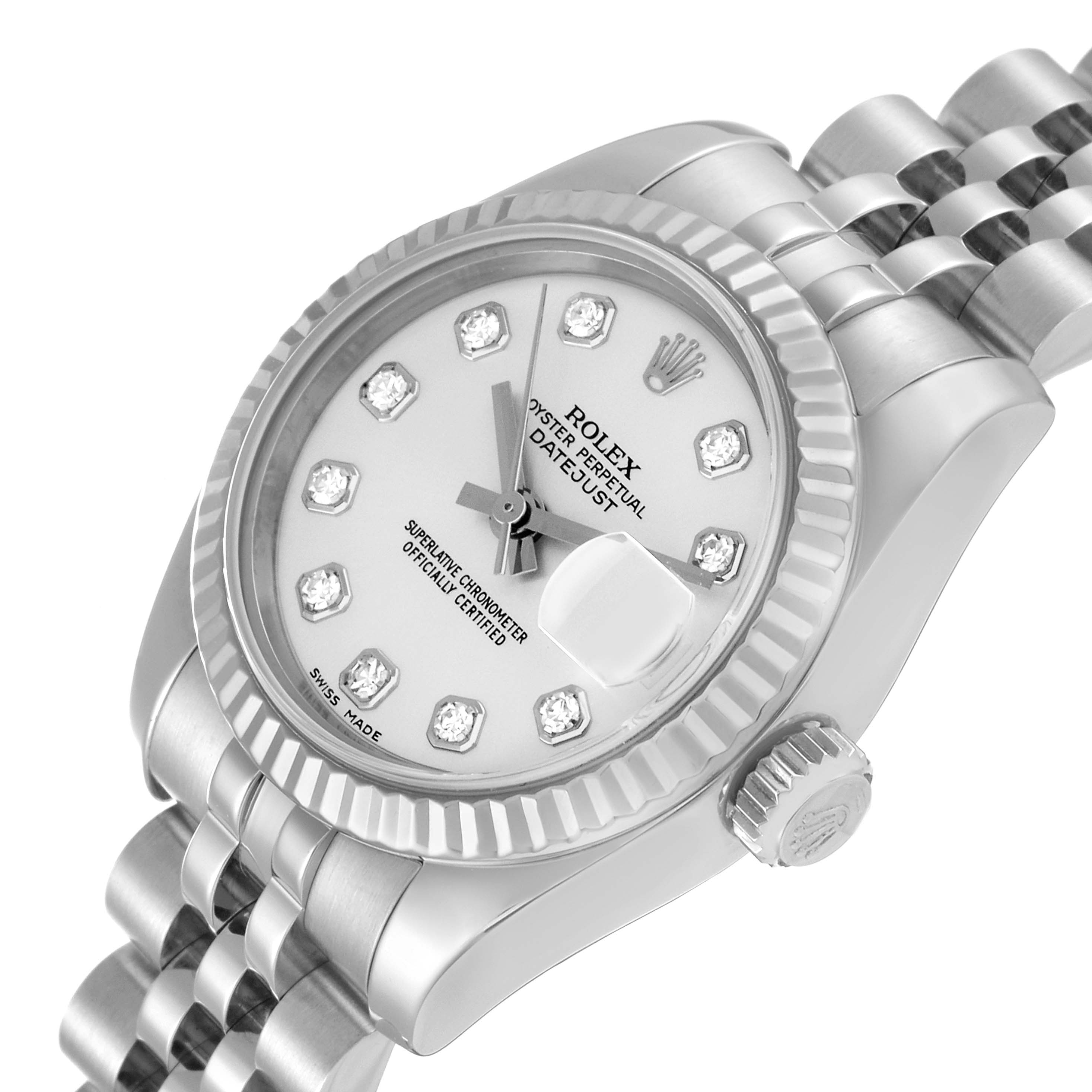 The image shows a Rolex Datejust 179174 Women's Stainless Steel Silver Dial 179174 Women's Stainless Steel Silver Dial watch at an angled view, highlighting the face, crown, and part of the bracelet.