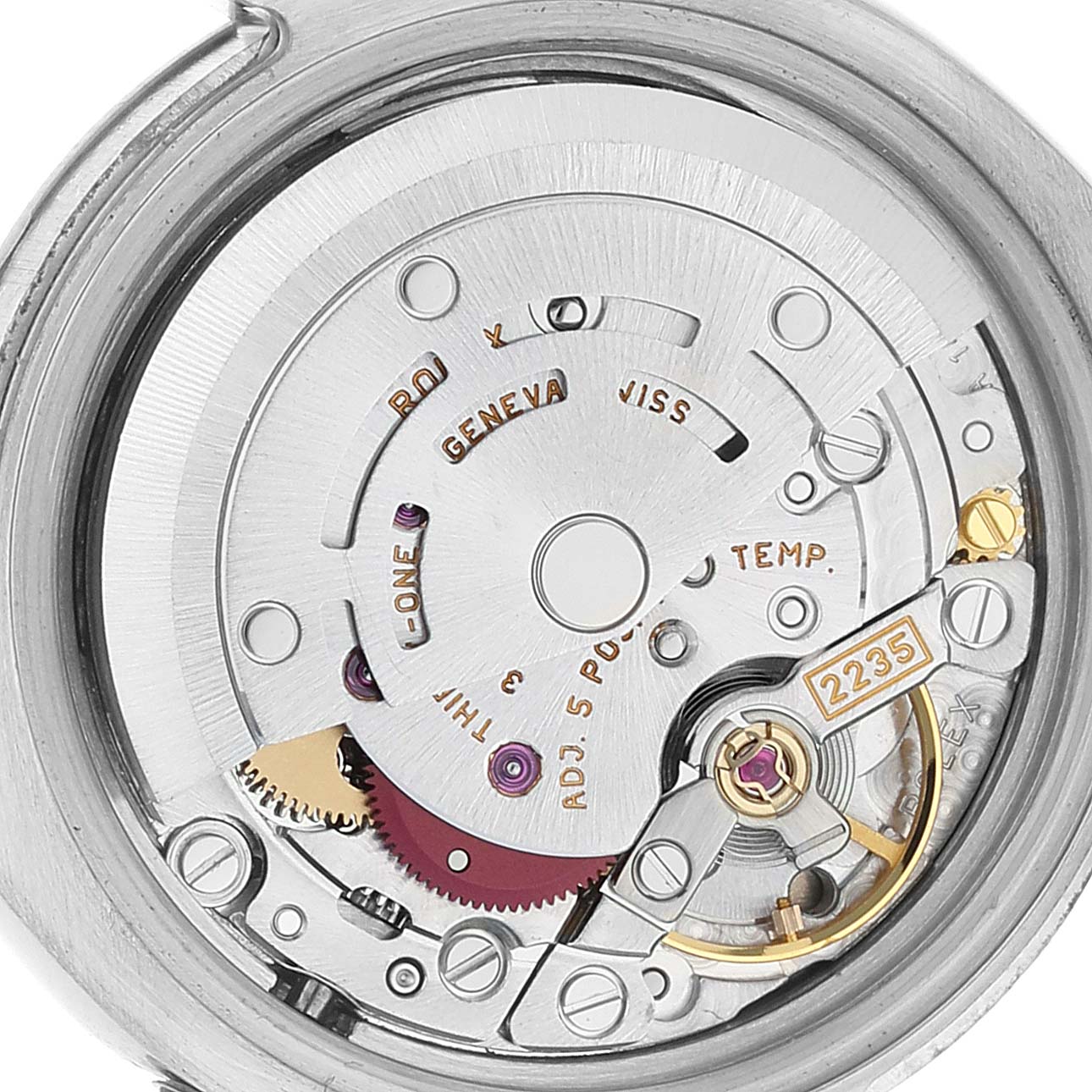 This image shows the inner mechanical movement of a Rolex Datejust 179174 Women's Stainless Steel Silver Dial 179174 Women's Stainless Steel Silver Dial watch from a close-up angle.