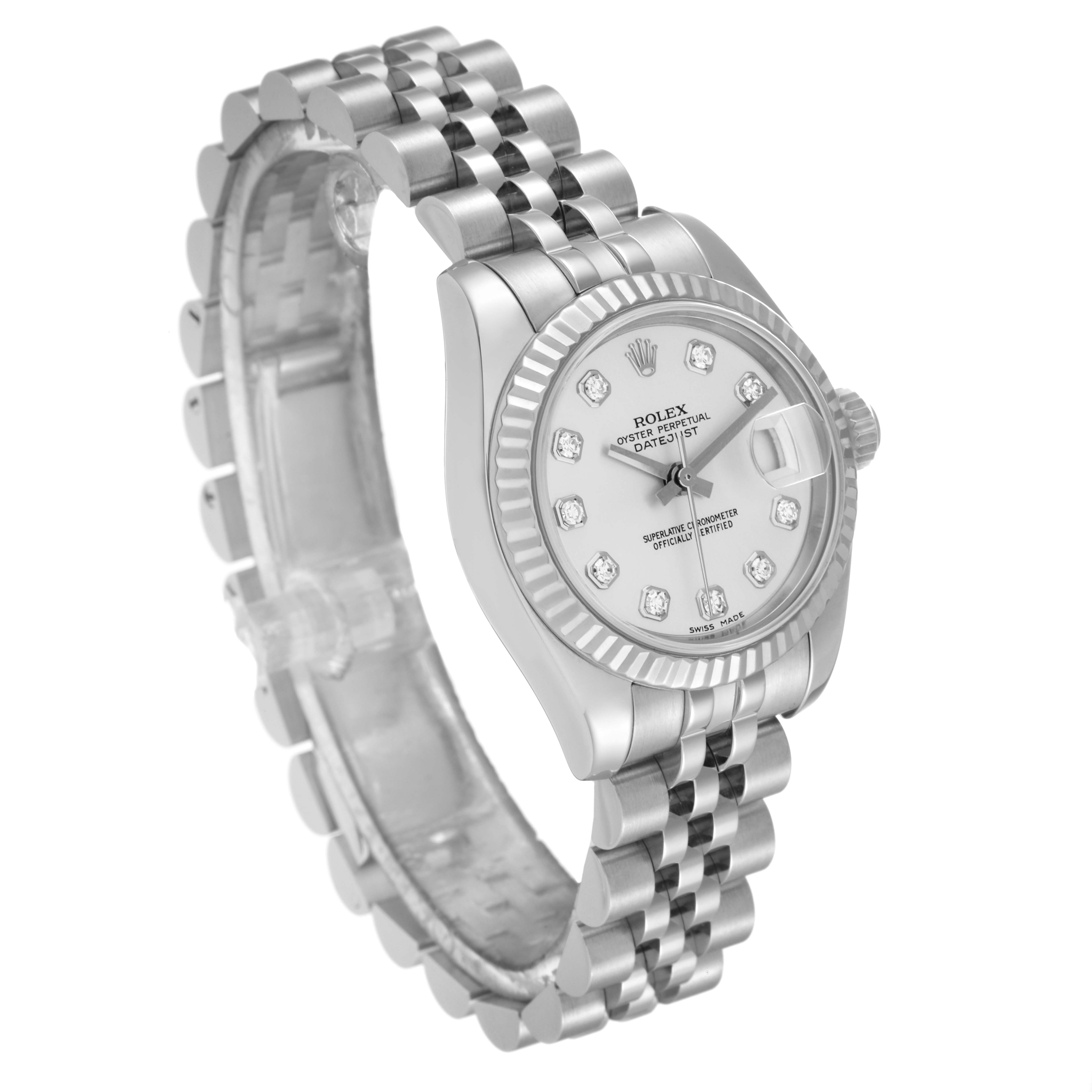 The image shows a Rolex Datejust 179174 Women's Stainless Steel Silver Dial 179174 Women's Stainless Steel Silver Dial watch at an angle, highlighting its face, bezel, and bracelet.