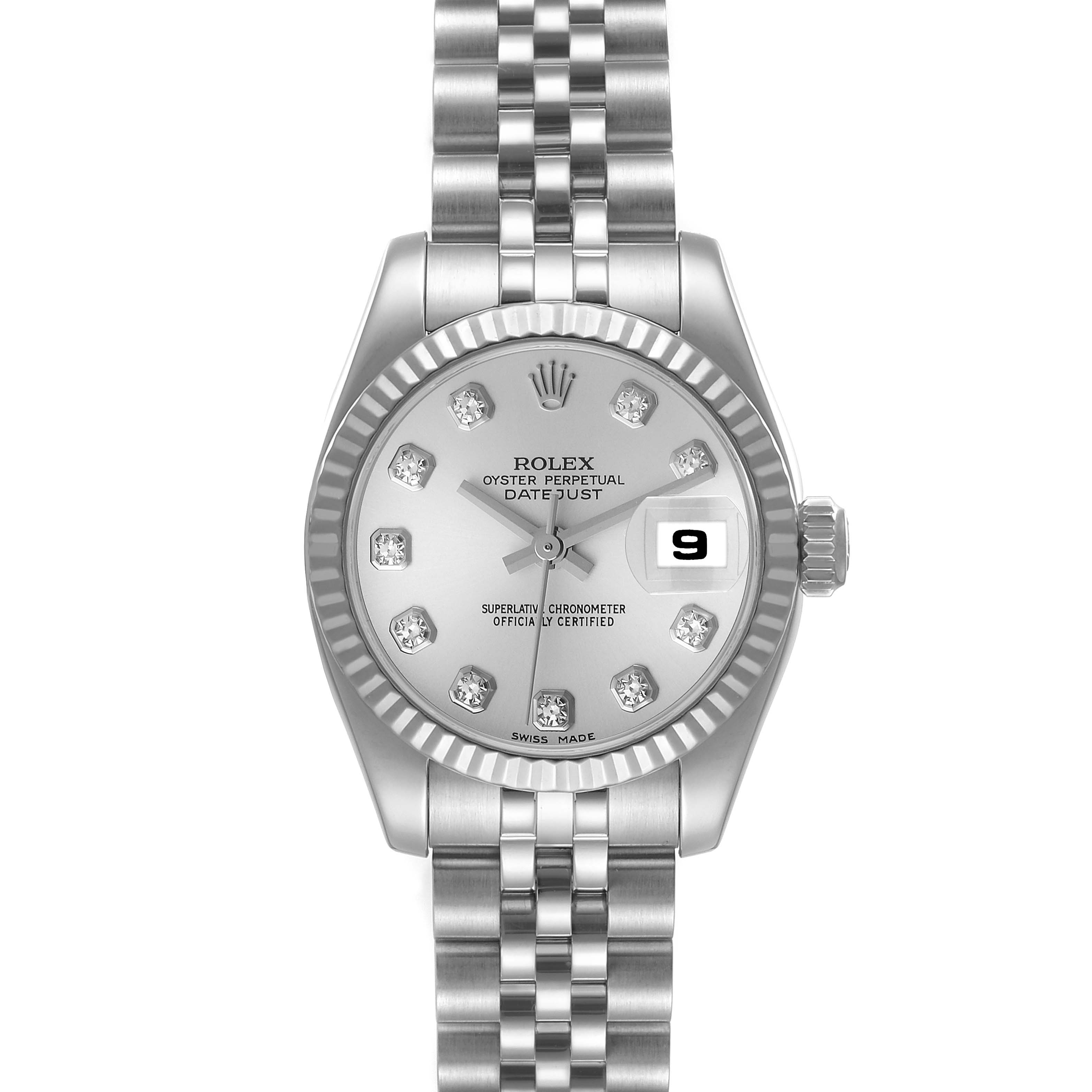 This image shows a front view of a Rolex Datejust 179174 Women's Stainless Steel Silver Dial 179174 Women's Stainless Steel Silver Dial watch, featuring a stainless steel case, bracelet, and fluted bezel.