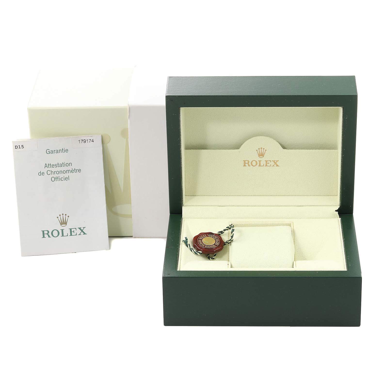 This image shows a Rolex Datejust 179174 Women's Stainless Steel Silver Dial 179174 Women's Stainless Steel Silver Dial model's open green box, white cover box, and guarantee booklet.