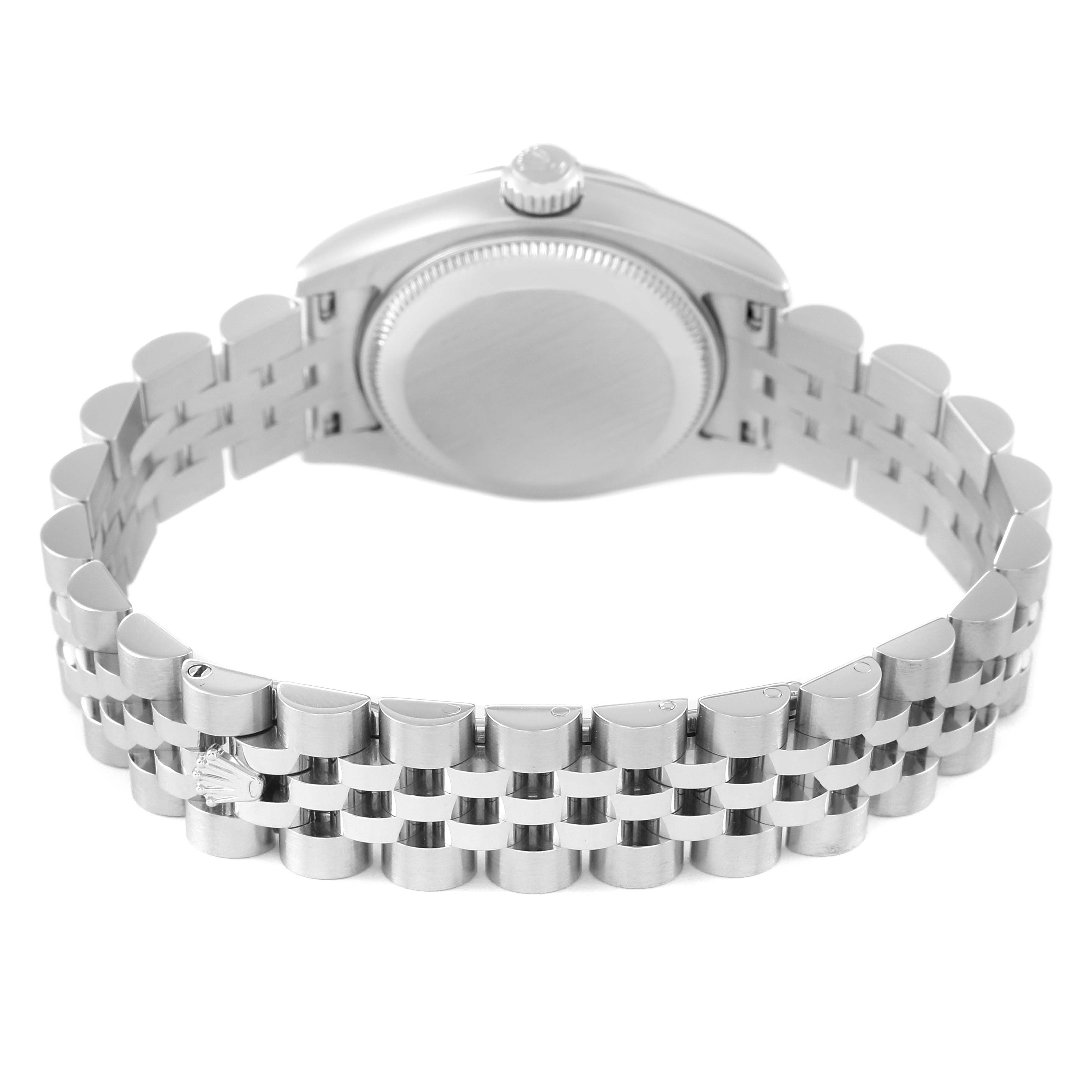 The image shows the back view of a Rolex Datejust 179174 Women's Stainless Steel Silver Dial 179174 Women's Stainless Steel Silver Dial watch, focusing on the bracelet and case back.