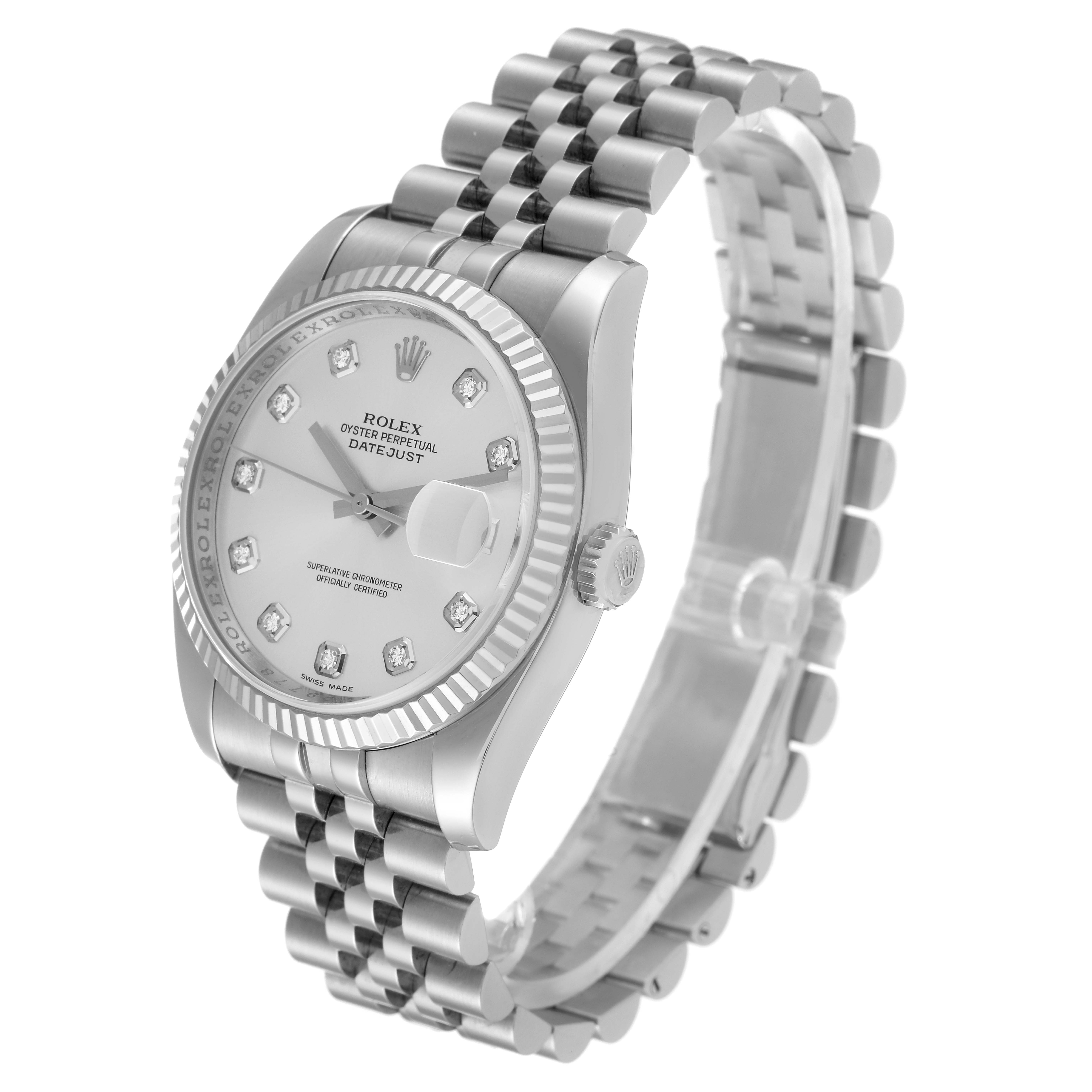 The Rolex Datejust 116234 Men's Stainless Steel Silver Dial 116234 Men's Stainless Steel Silver Dial watch is shown at a three-quarter angle displaying the dial, bezel, crown, and bracelet.