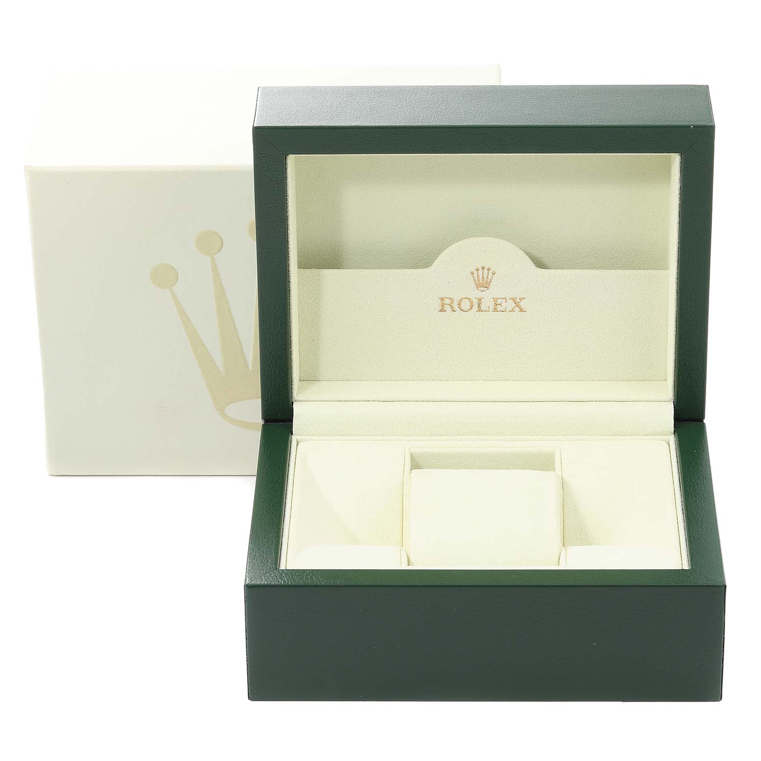 The image displays an open green Rolex watch box for the Datejust model, with its outer white box in the background.