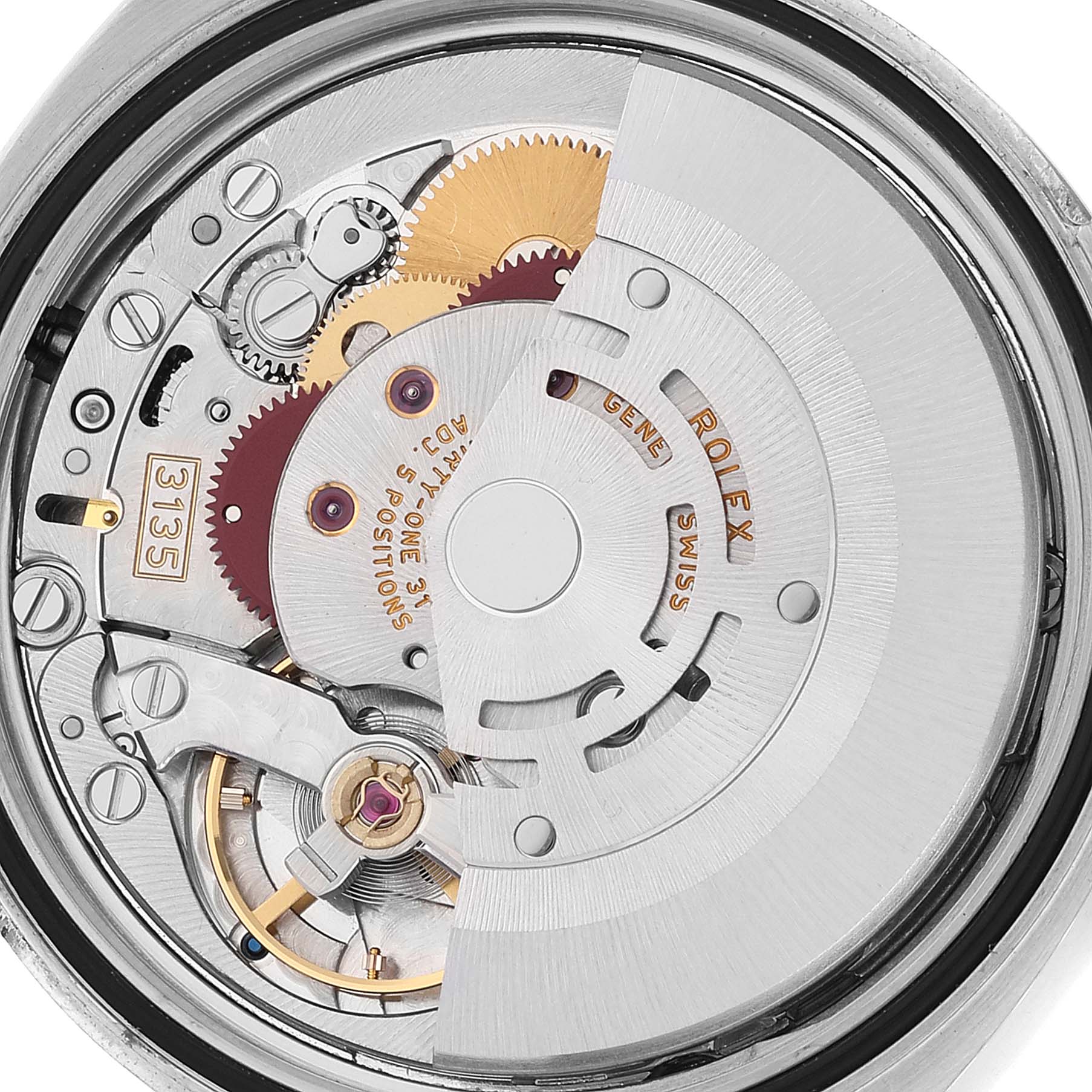 This image shows a close-up of the movement mechanism of a Rolex Datejust 116234 Men's Stainless Steel Silver Dial 116234 Men's Stainless Steel Silver Dial watch.