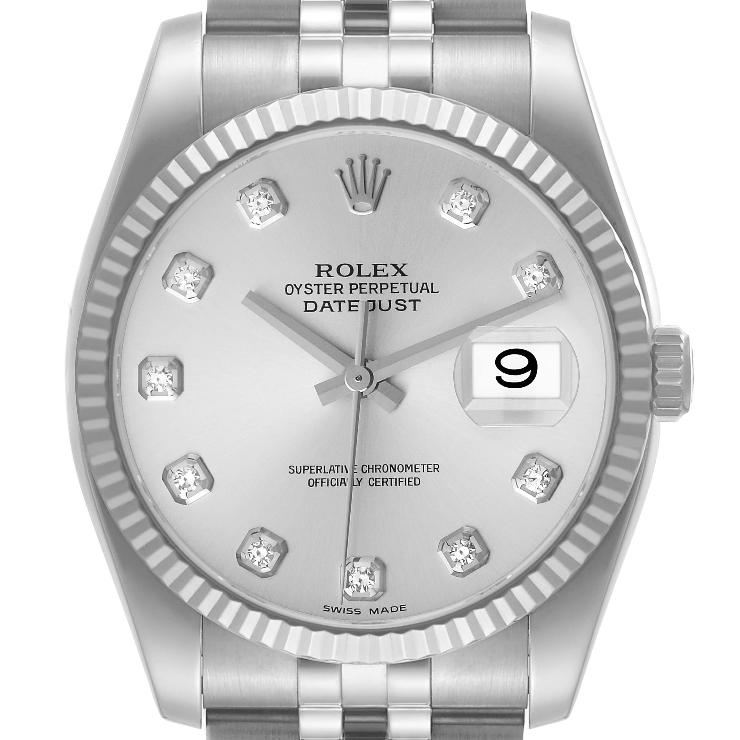 This image shows a front view of a Rolex Datejust 116234 Men's Stainless Steel Silver Dial 116234 Men's Stainless Steel Silver Dial watch, highlighting its dial, fluted bezel, and part of the bracelet.