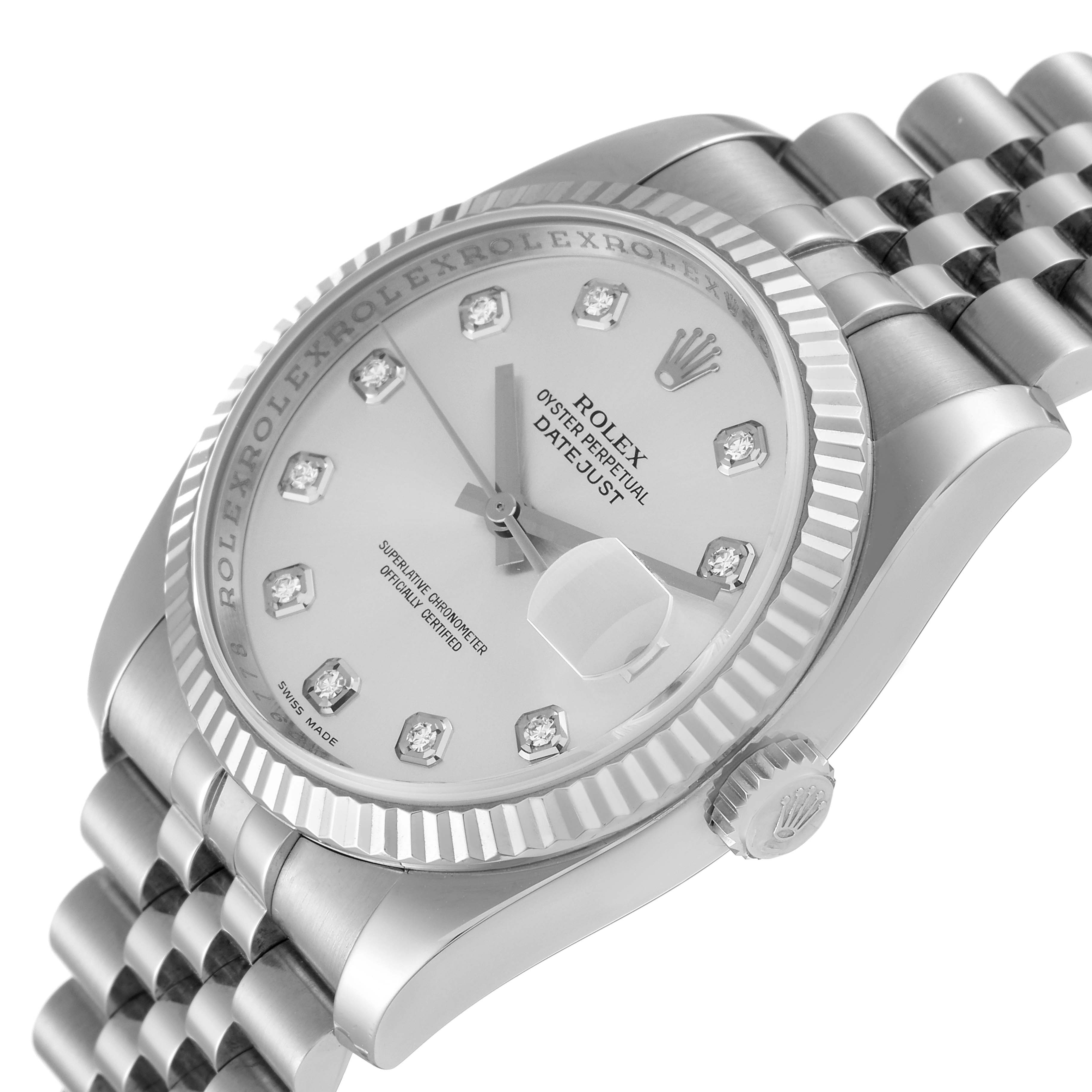 The image shows a close-up angle of the Rolex Datejust 116234 Men's Stainless Steel Silver Dial 116234 Men's Stainless Steel Silver Dial watch, highlighting its dial, fluted bezel, and part of the Jubilee bracelet.