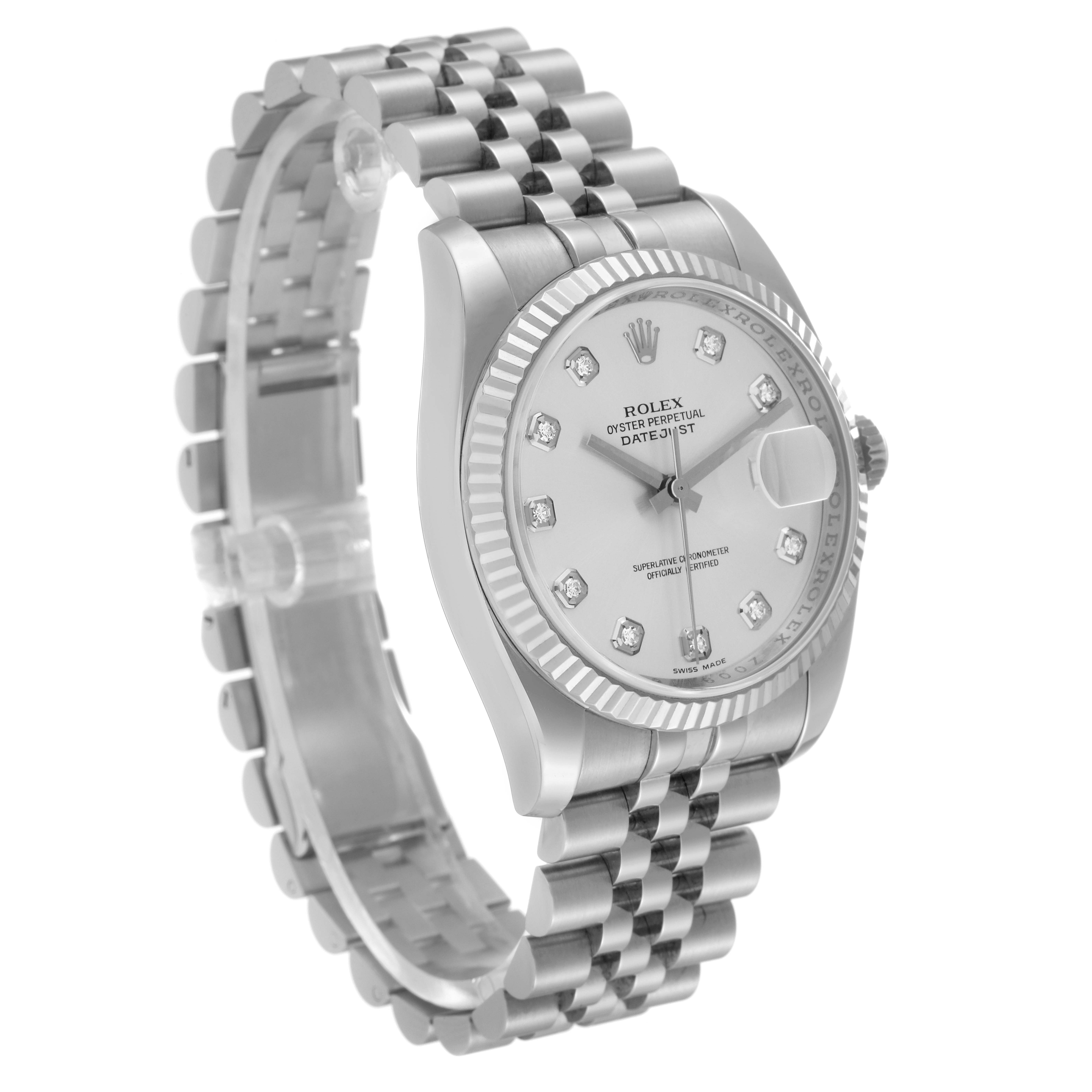 The Rolex Datejust 116234 Men's Stainless Steel Silver Dial 116234 Men's Stainless Steel Silver Dial watch is shown at a slight angle, clearly displaying its face, bezel, and bracelet.