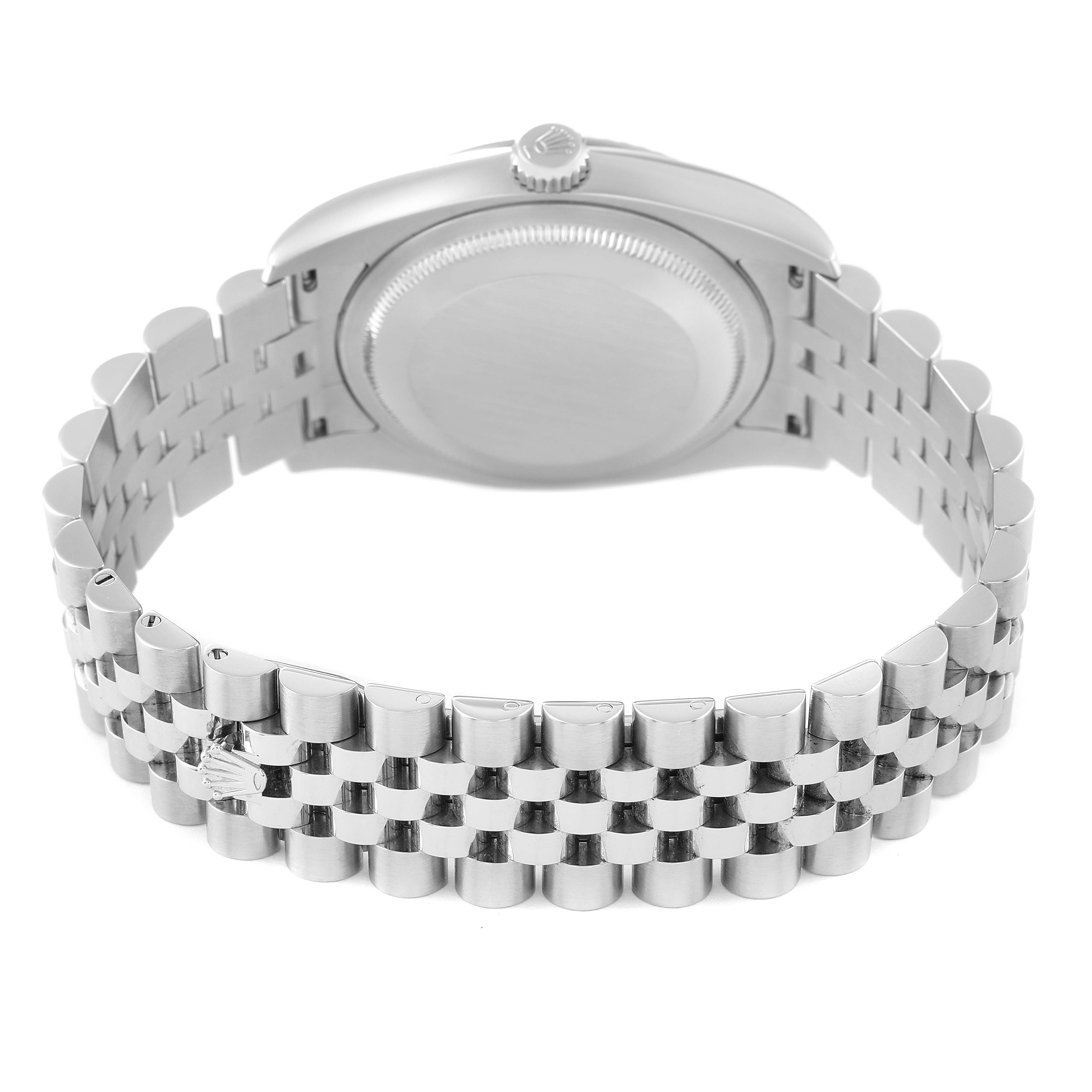 This image shows the back view of a Rolex Datejust 116234 Men's Stainless Steel Silver Dial 116234 Men's Stainless Steel Silver Dial watch, focusing on the bracelet and the case back.