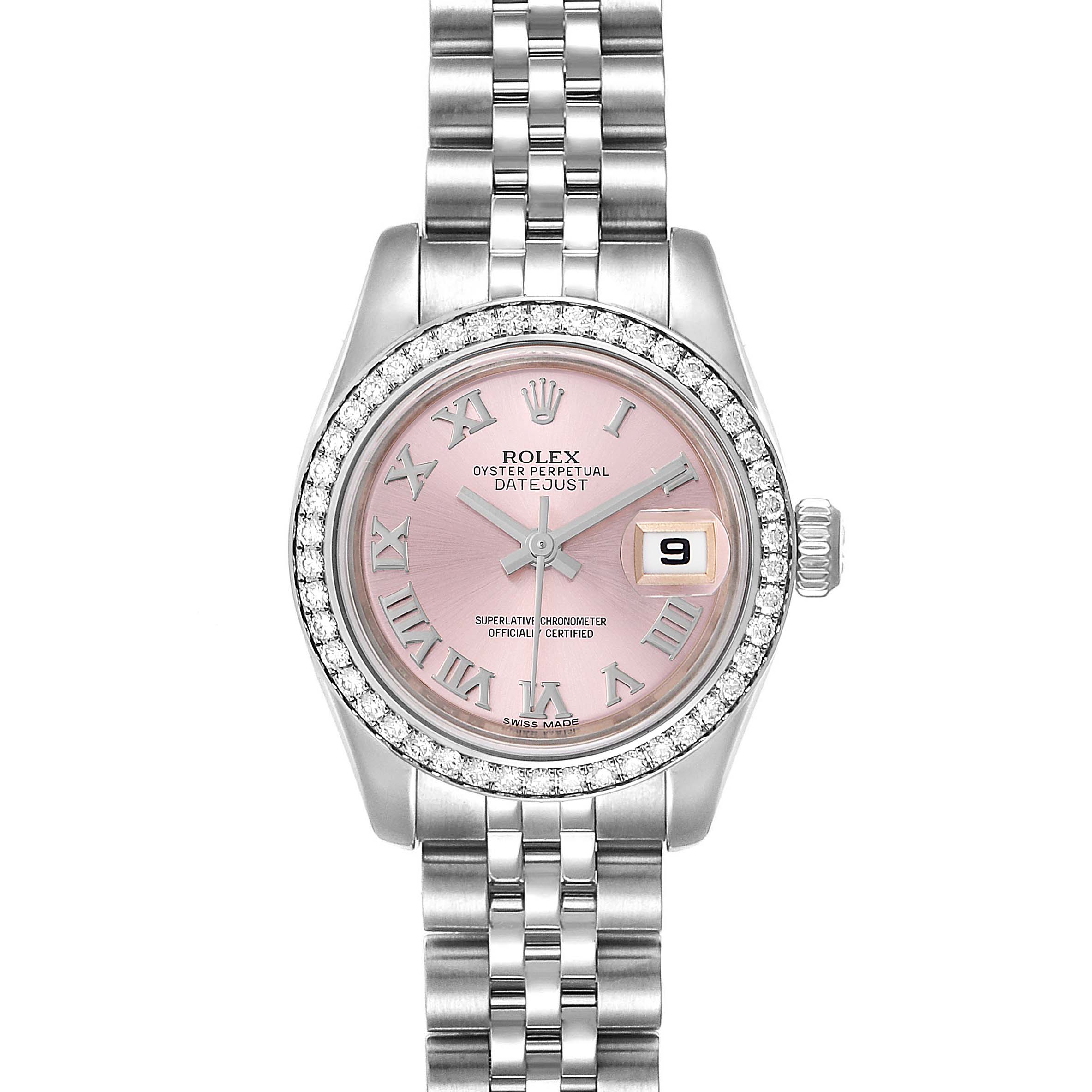 The image shows a front view of a Rolex Datejust 179384 Women's Stainless Steel Pink Dial 179384 Women's Stainless Steel Pink Dial watch featuring a pink dial, diamond bezel, and Jubilee bracelet.